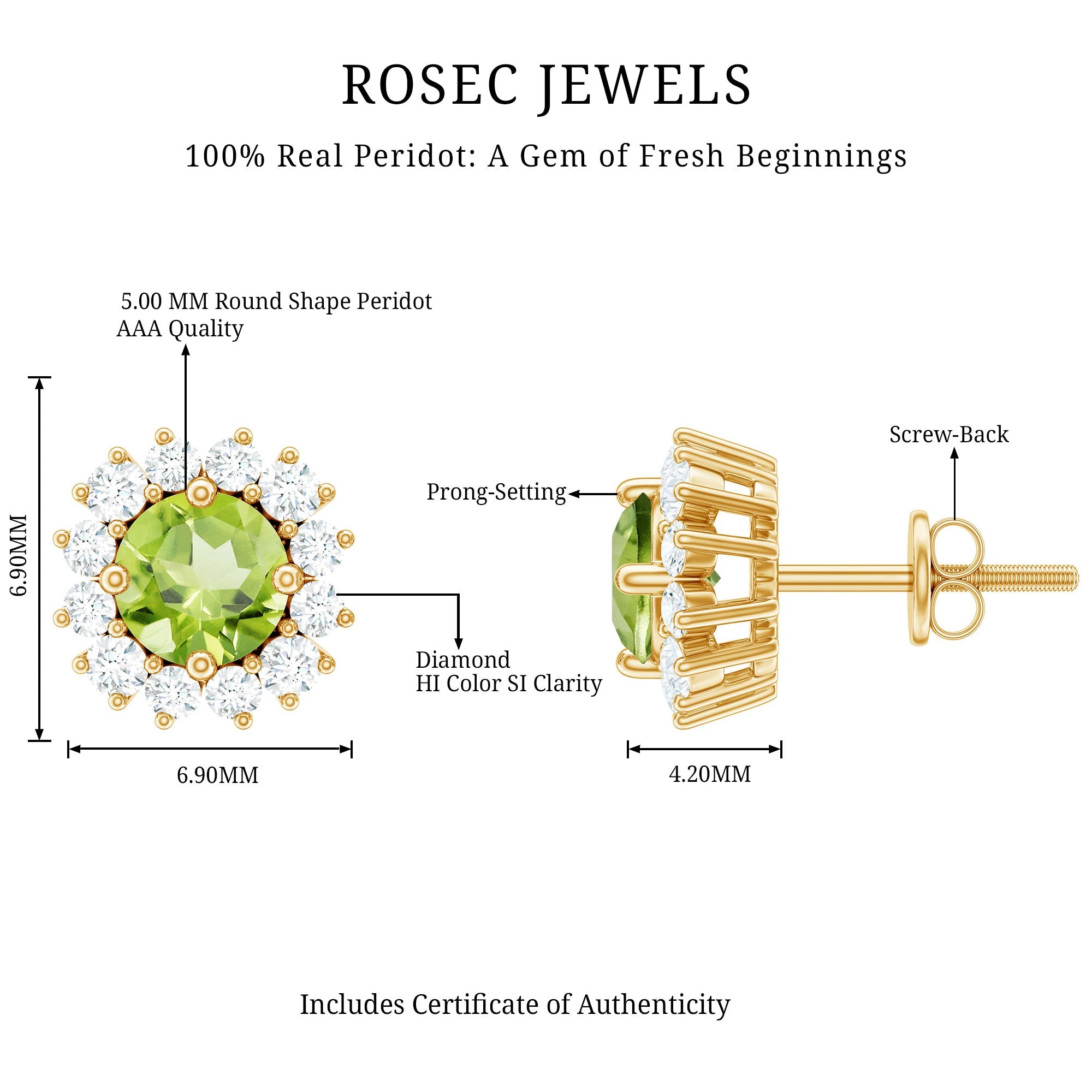 Natural 1 Carat Peridot Earrings with Diamond Halo for Women