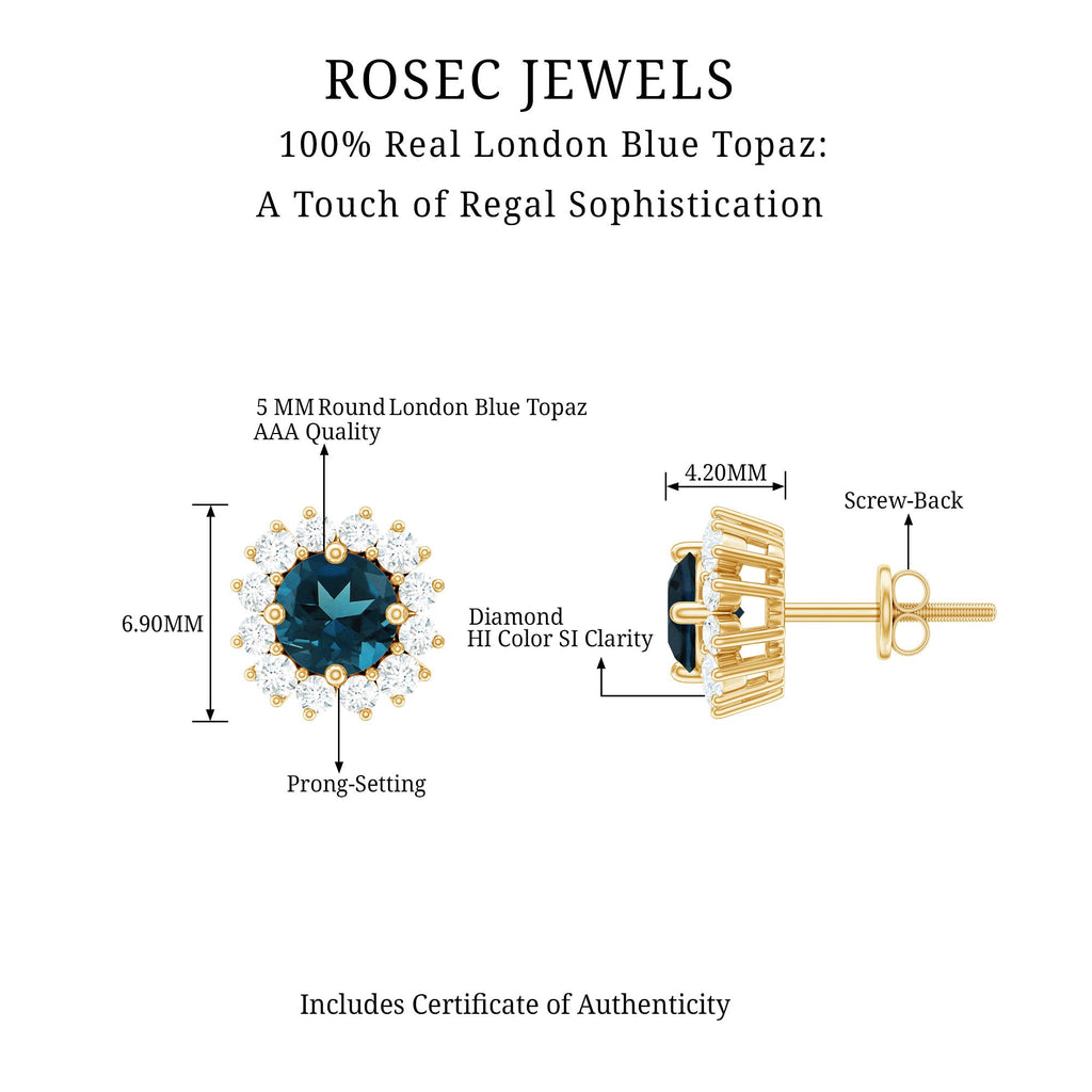 Real London Blue Topaz and Diamond Halo Stud Earrings