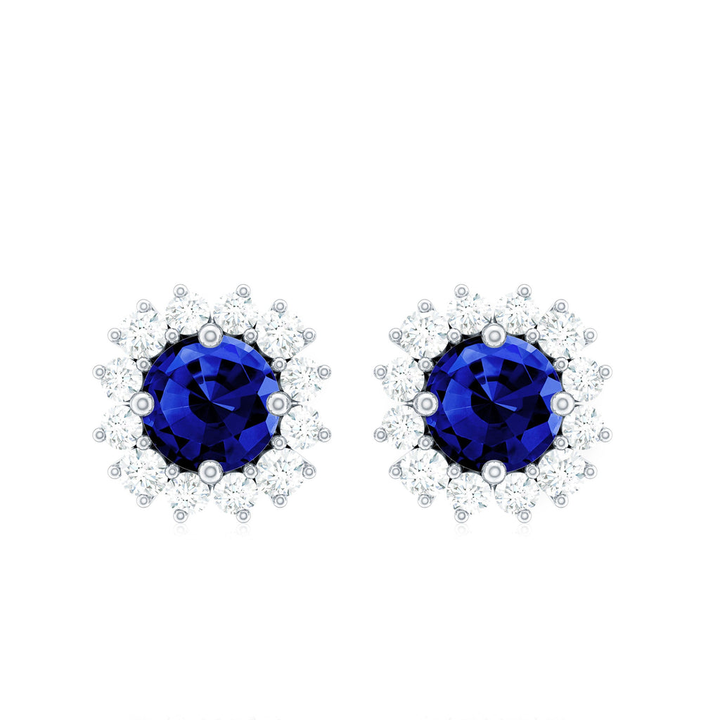 Brilliant Cut Lab Created Blue Sapphire Stud Earrings with Diamond Halo