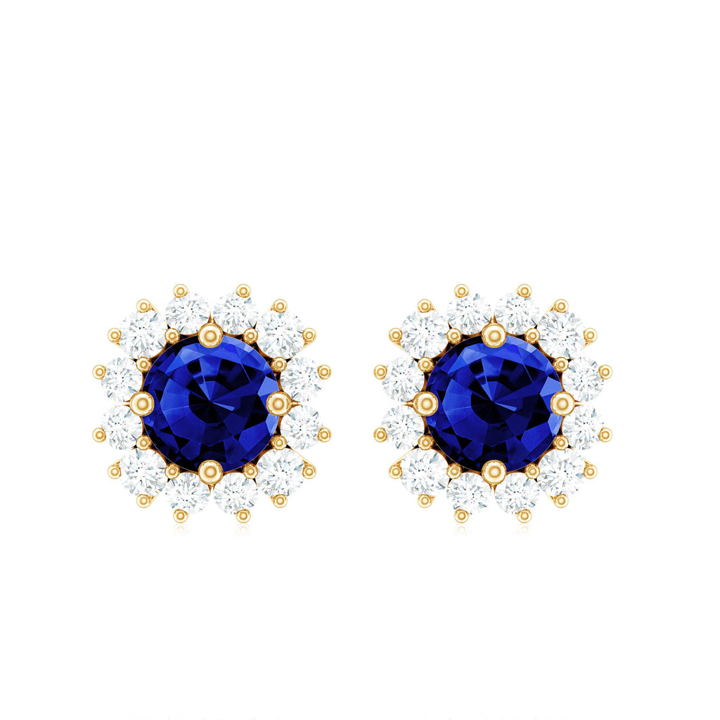 Brilliant Cut Lab Created Blue Sapphire Stud Earrings with Diamond Halo