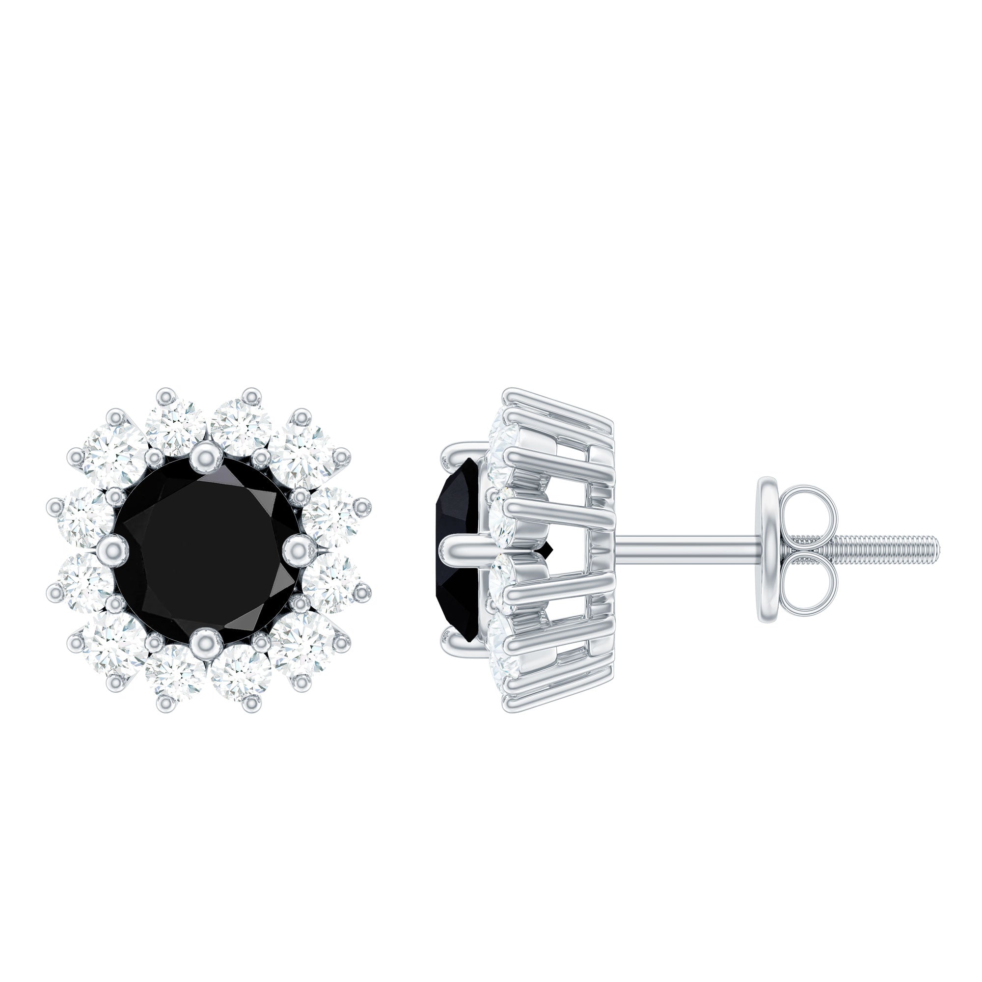 Natural Black Spinel Diamond Stud Earrings with Screw Back