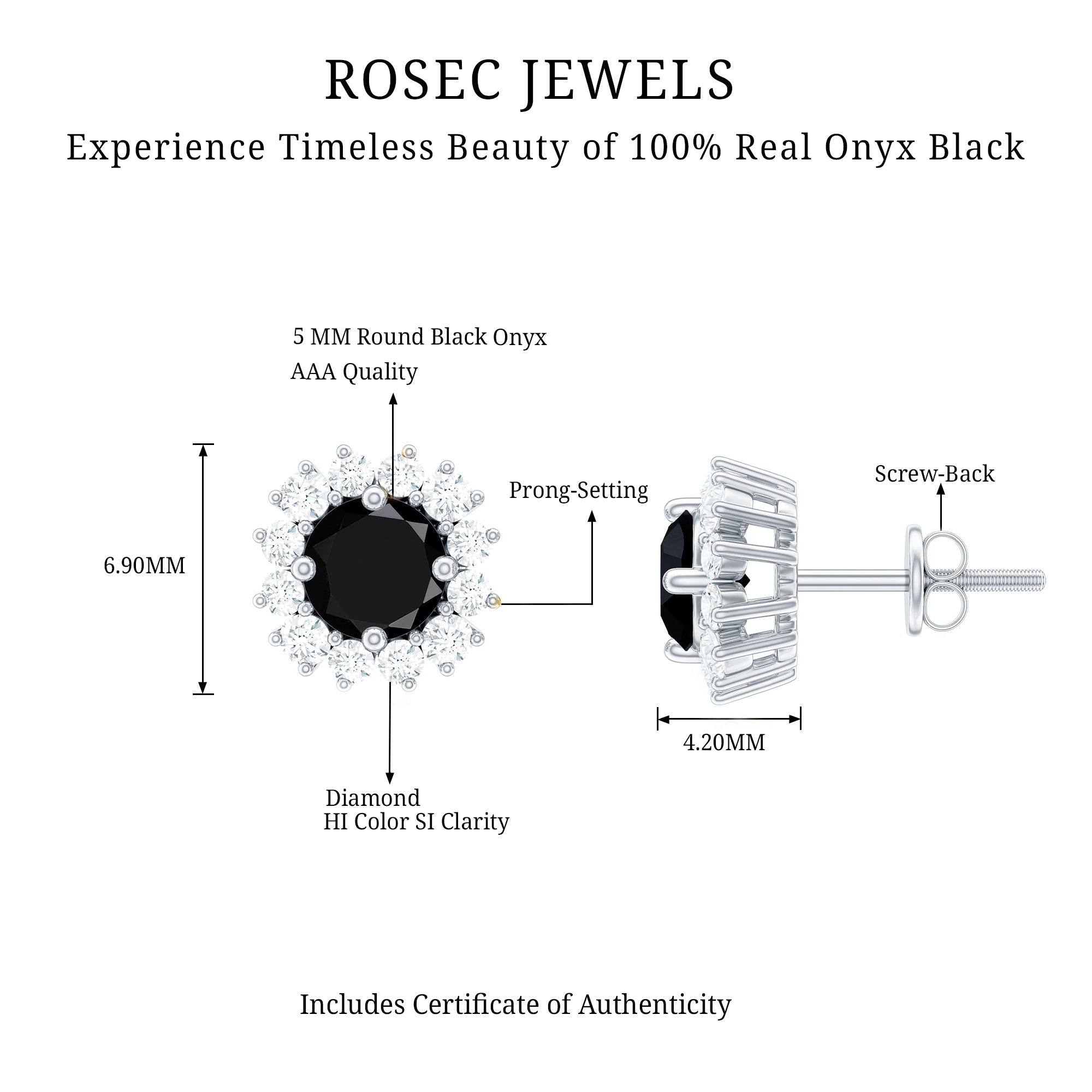 Certified Natural Black Onyx Stud Earrings with Diamond Halo
