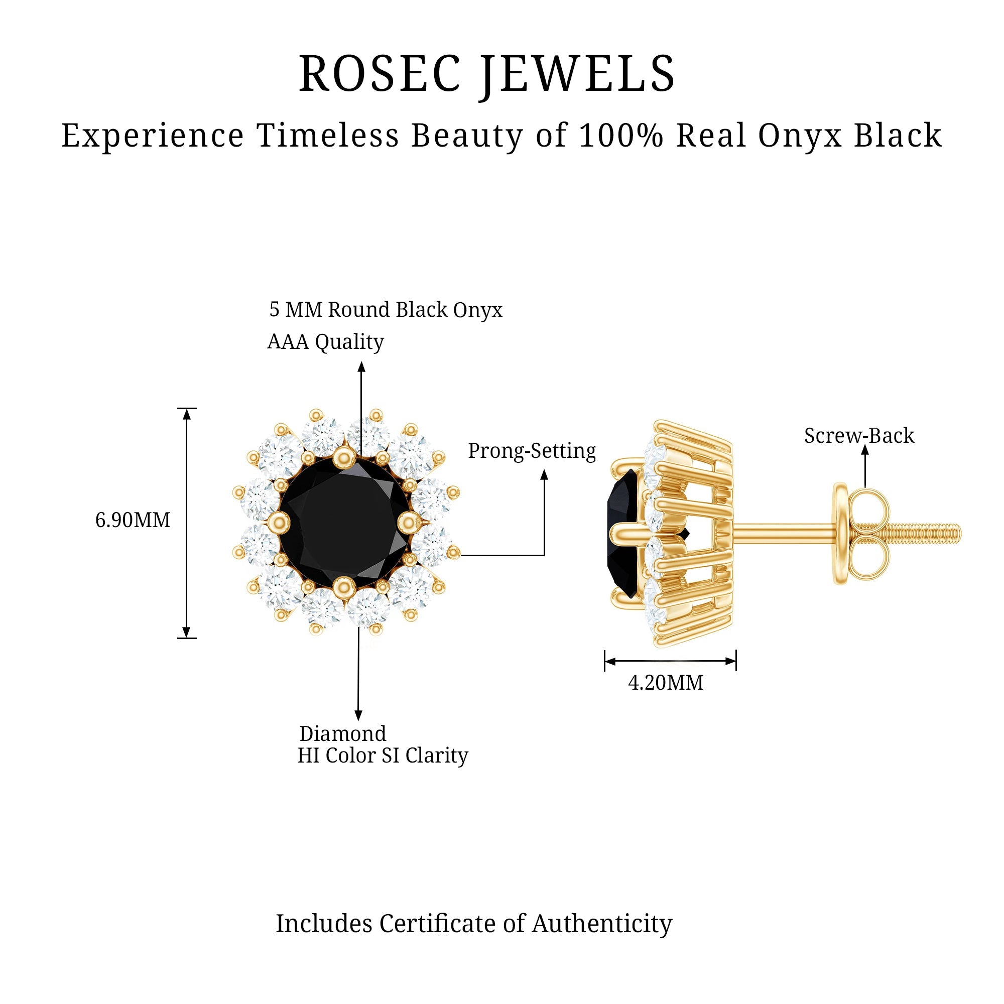 Certified Natural Black Onyx Stud Earrings with Diamond Halo