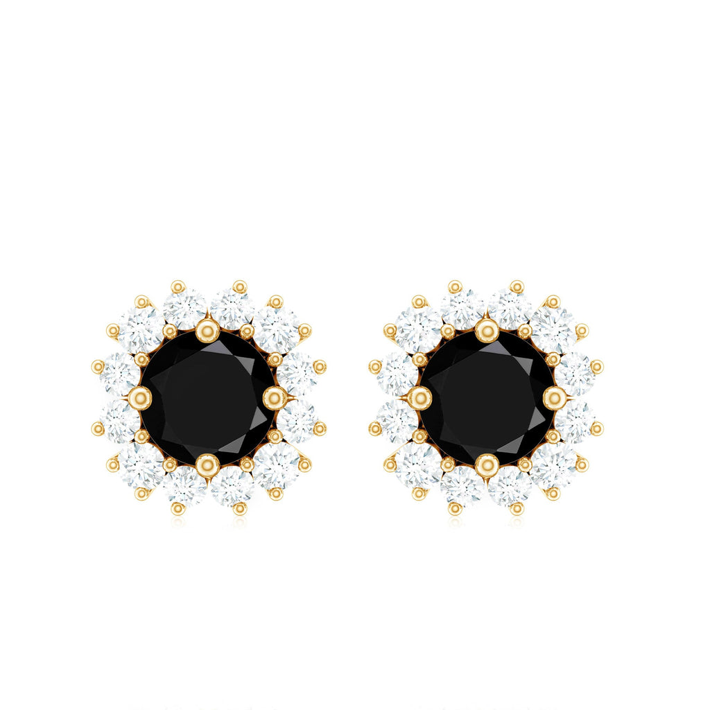Certified Natural Black Onyx Stud Earrings with Diamond Halo