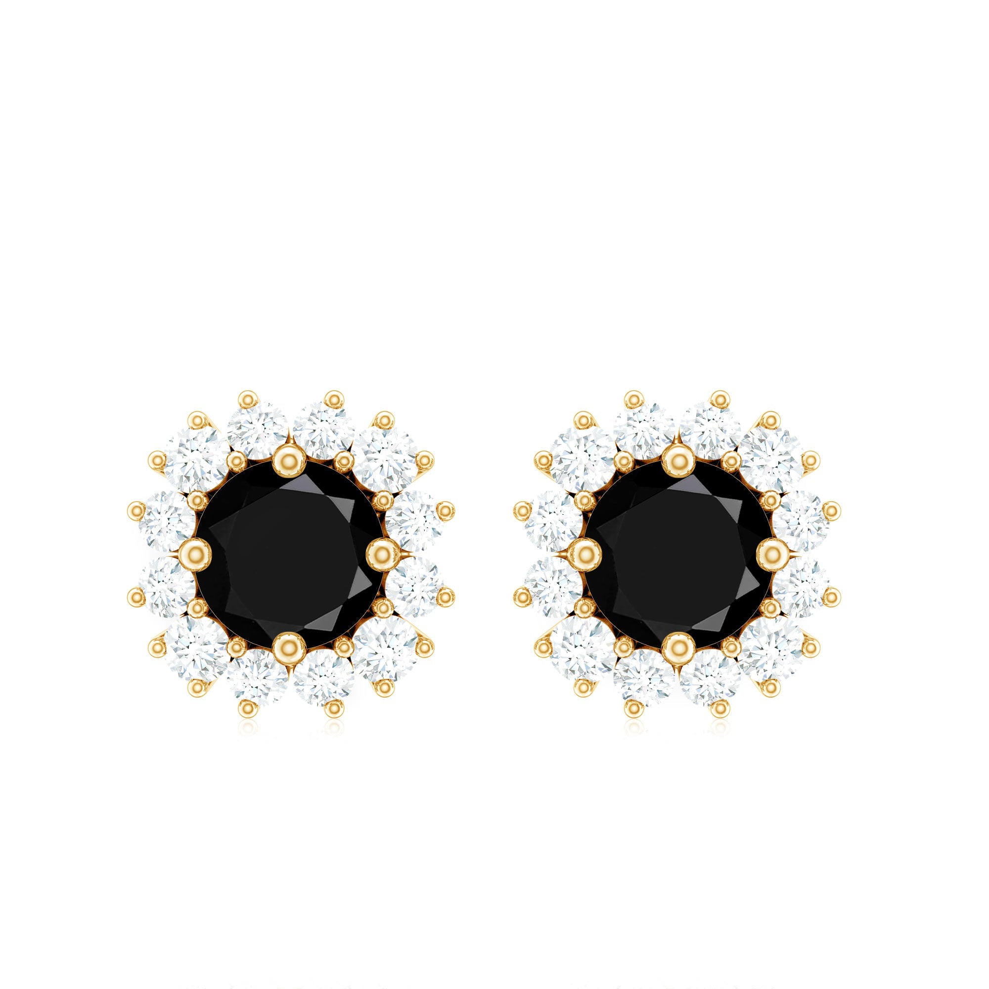 Certified Natural Black Onyx Stud Earrings with Diamond Halo