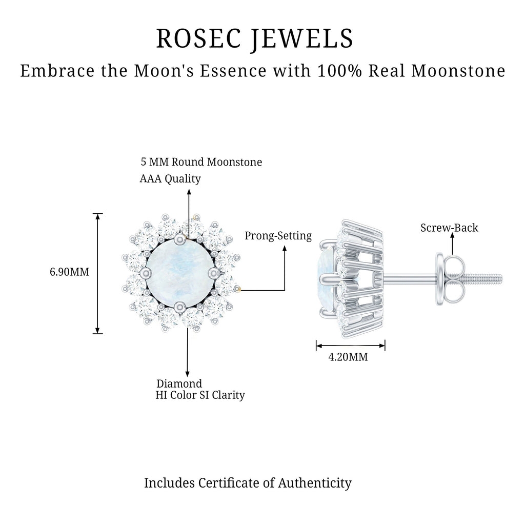 Genuine 0.7 Carat Moonstone Stud Earrings with Diamond Halo