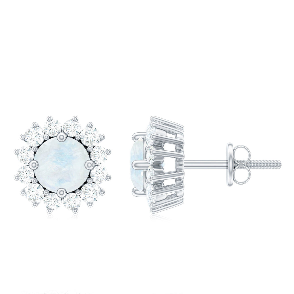 Genuine 0.7 Carat Moonstone Stud Earrings with Diamond Halo