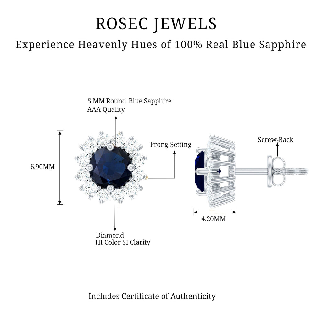 Genuine Blue Sapphire Diamond Earrings with Screw Back