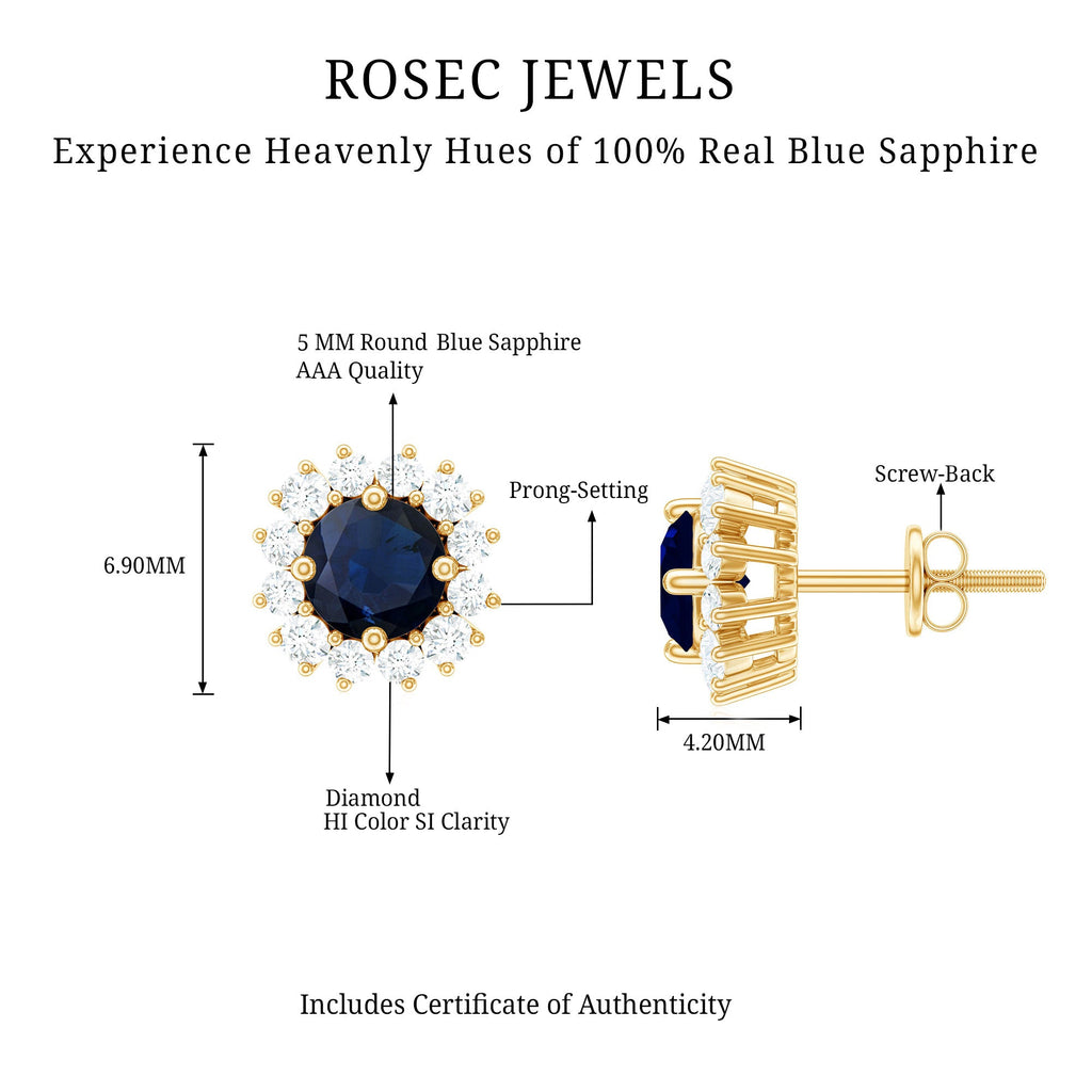 Genuine Blue Sapphire Diamond Earrings with Screw Back