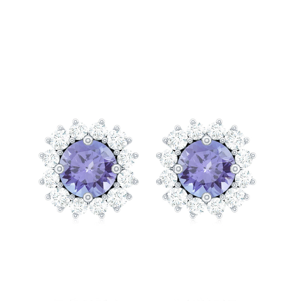 Natural 1 Carat Tanzanite Stud Earrings with Diamond Halo