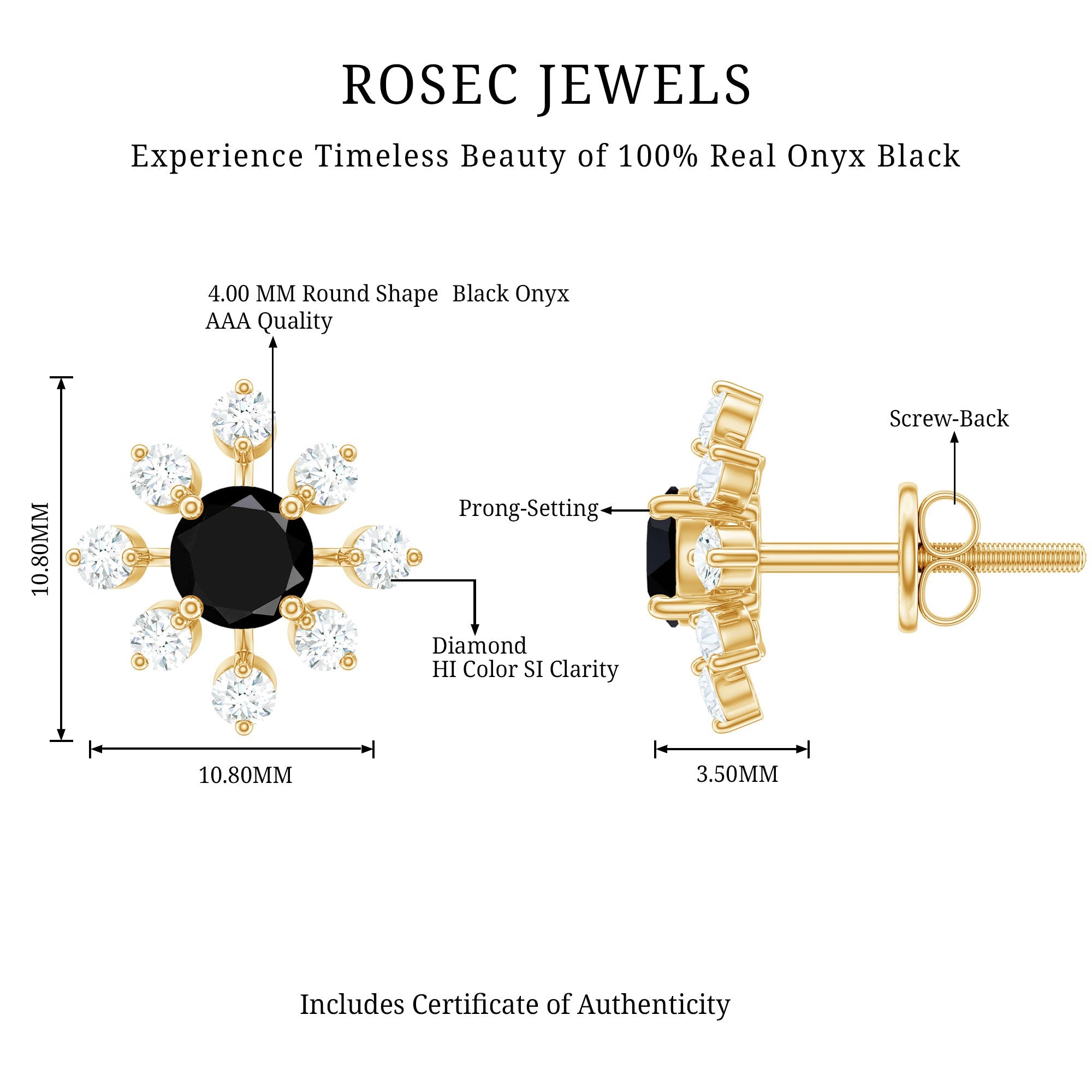Certified Real Black Onyx Diamond Snowflake Earrings for Christmas