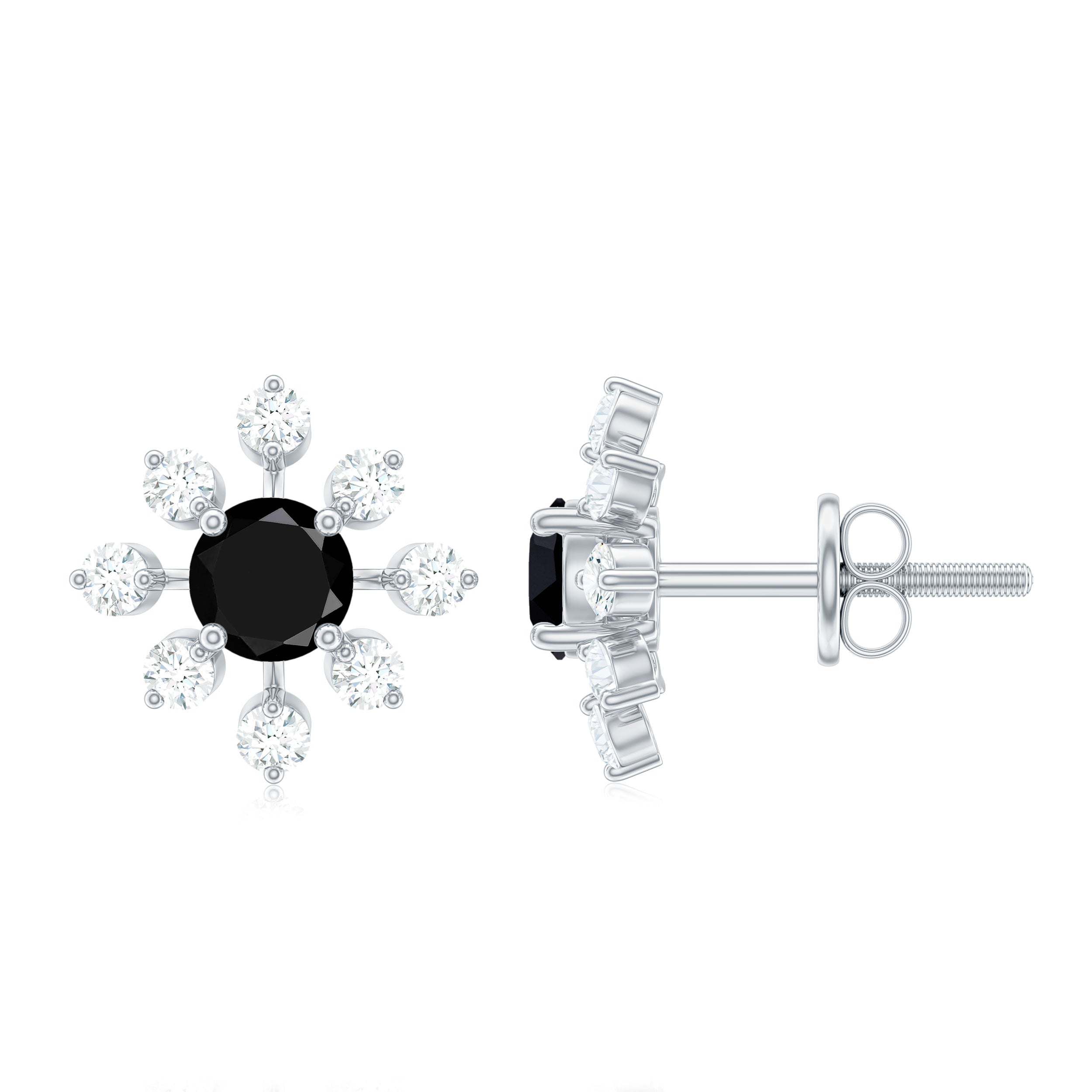 Lab Created Black and White Diamond Flower Stud Earrings