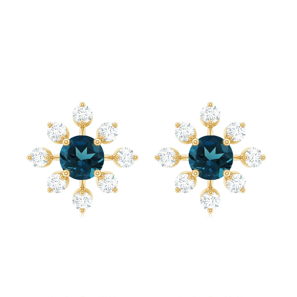 Genuine London Blue Topaz and Diamond Flower Stud Earrings
