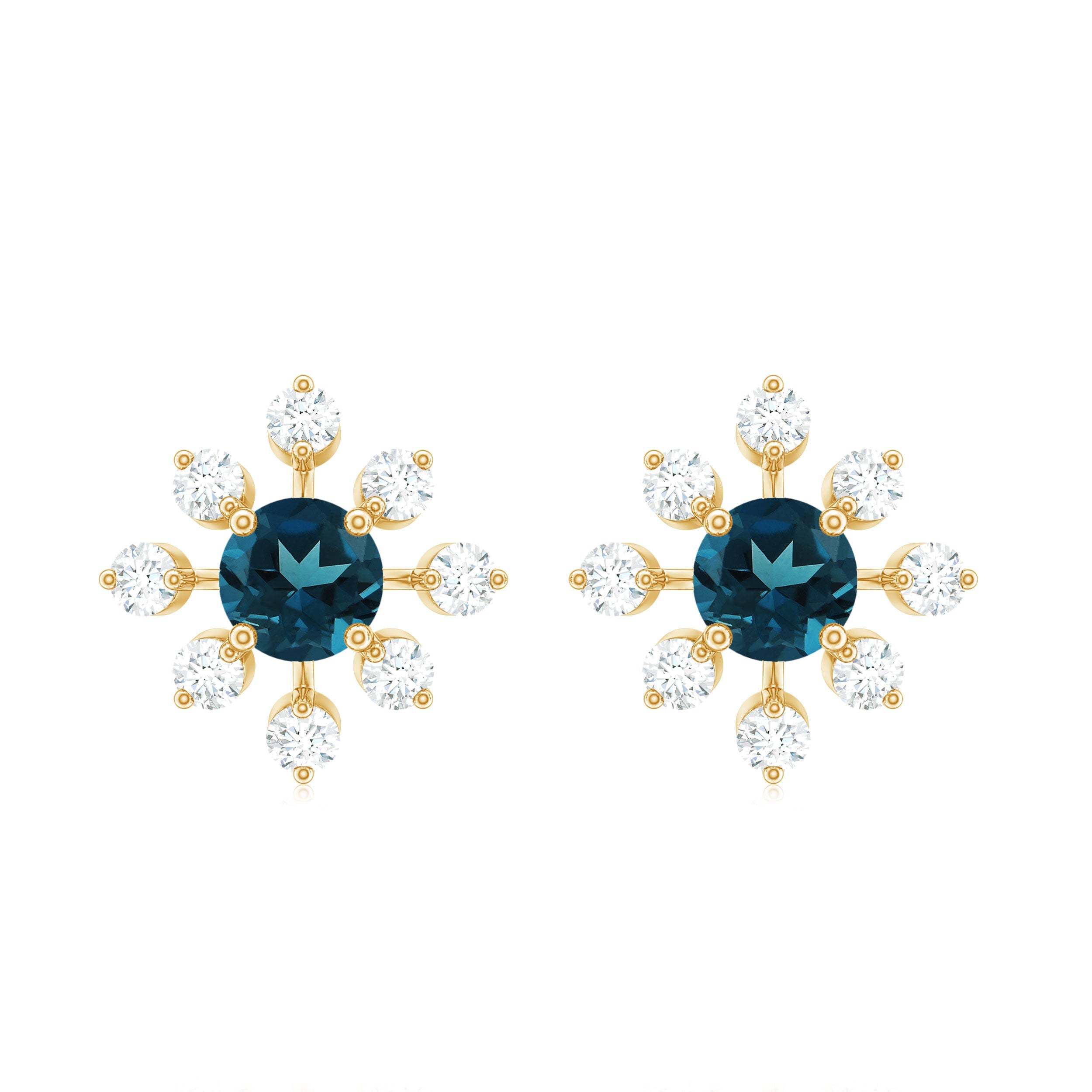 Genuine London Blue Topaz and Diamond Flower Stud Earrings