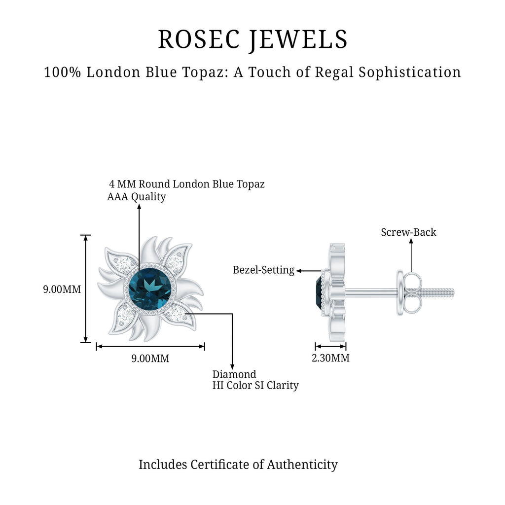London Blue Topaz and Diamond Sunburst Stud Earrings