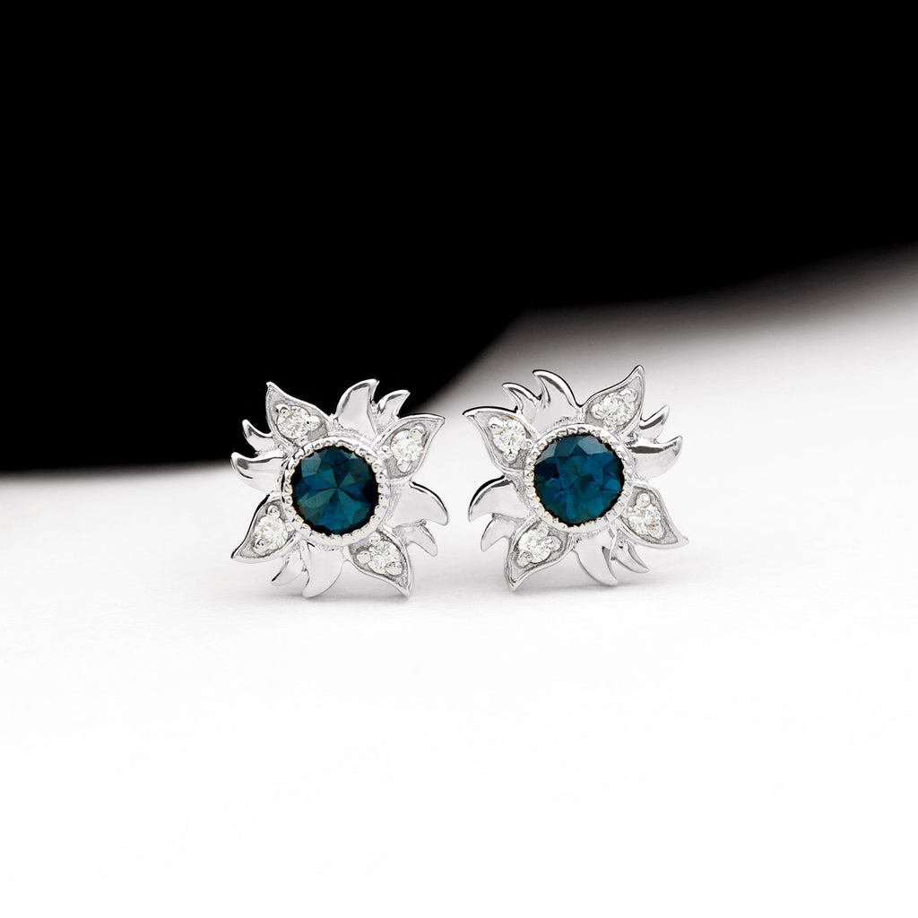 London Blue Topaz and Diamond Sunburst Stud Earrings