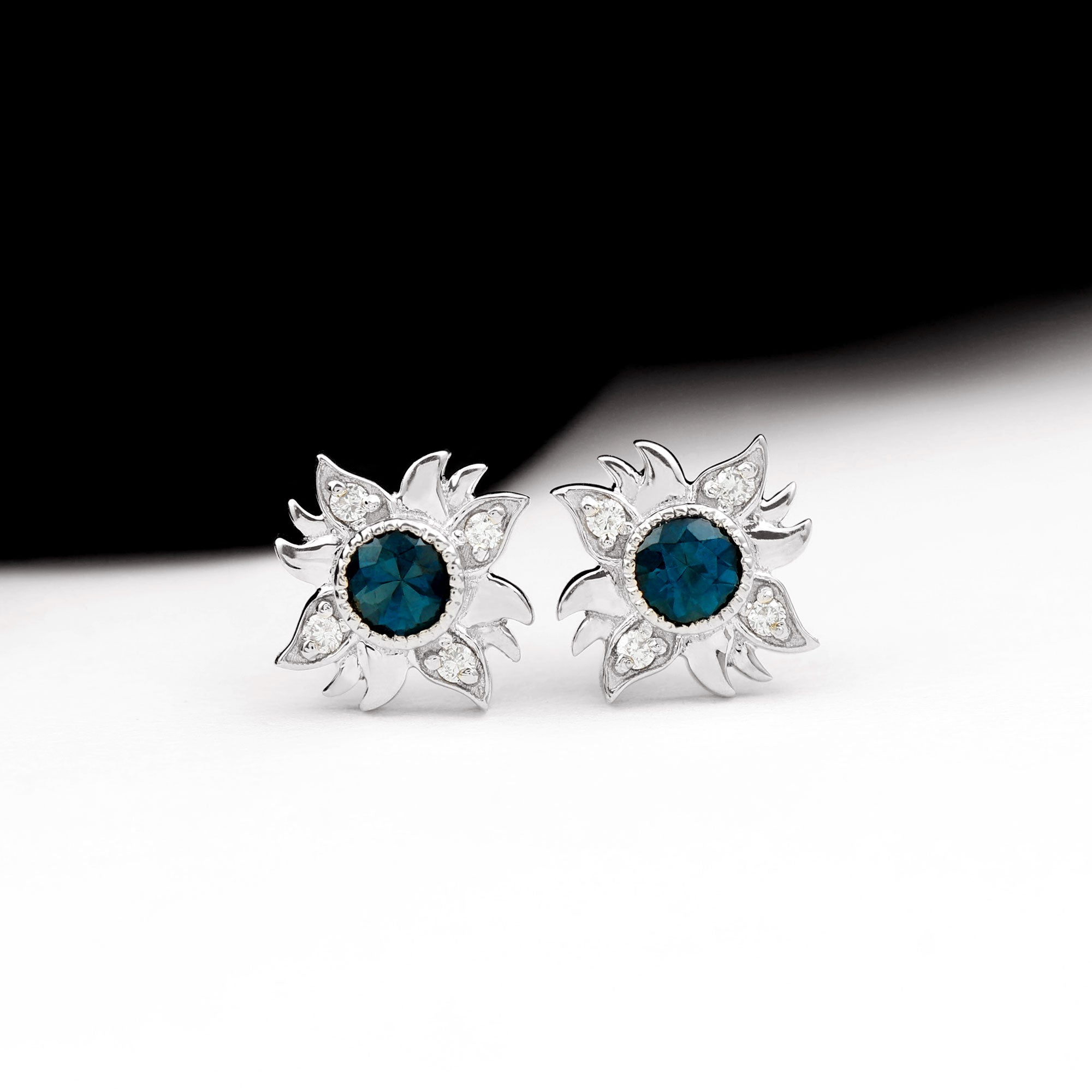 London Blue Topaz and Diamond Sunburst Stud Earrings
