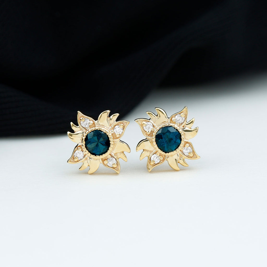 London Blue Topaz and Diamond Sunburst Stud Earrings