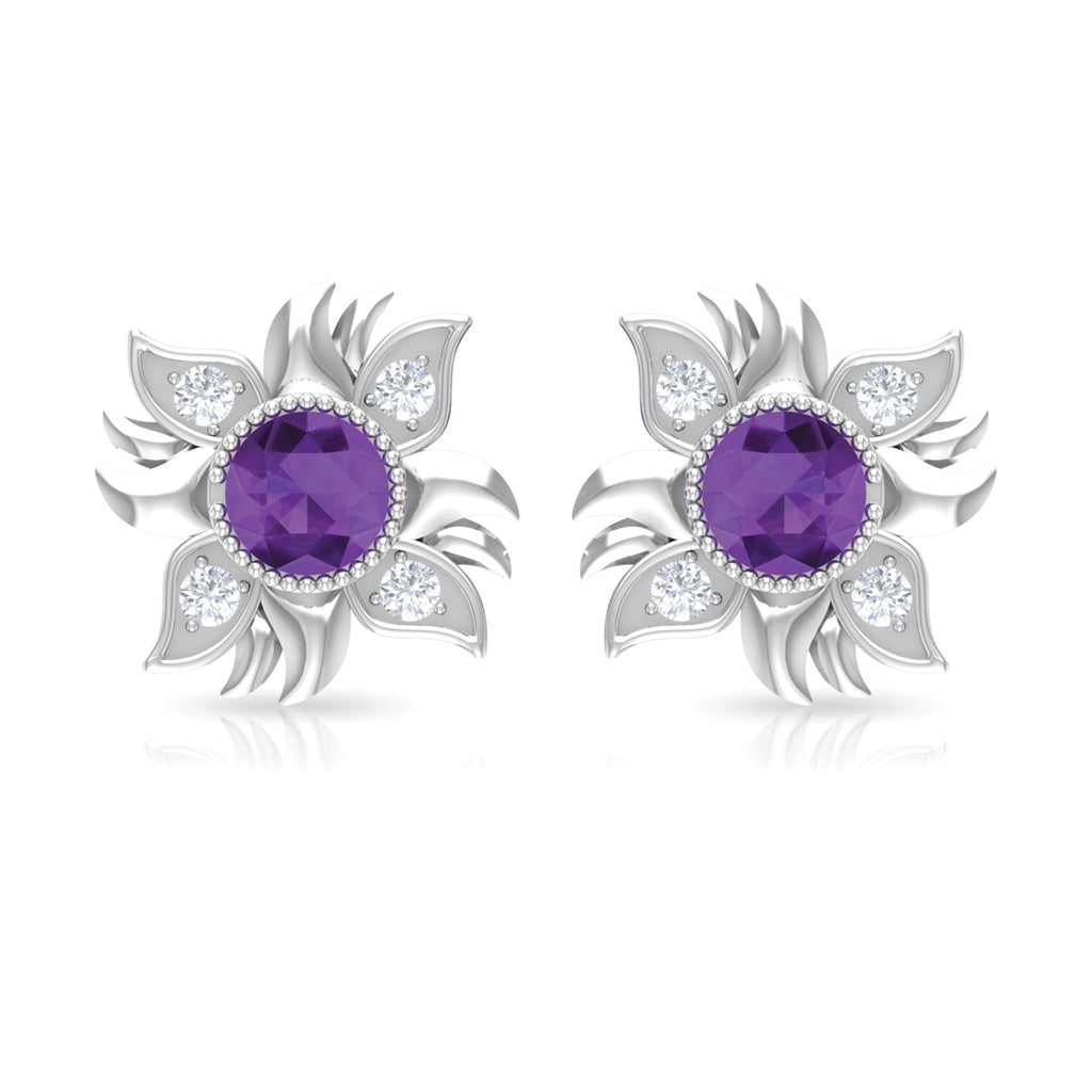 1/2 CT Round Shape Amethyst and Diamond Sunburst Stud Earrings