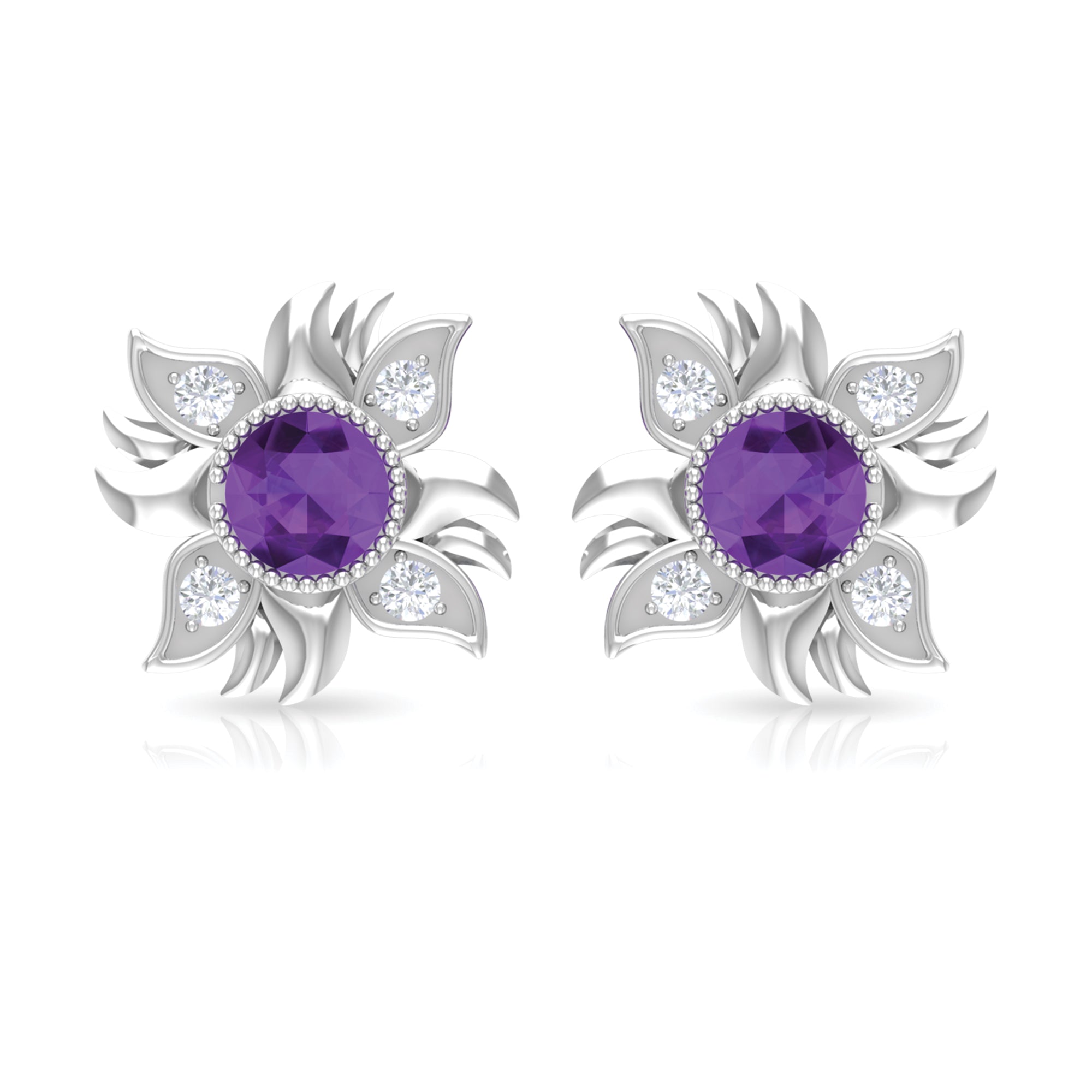 1/2 CT Round Shape Amethyst and Diamond Sunburst Stud Earrings