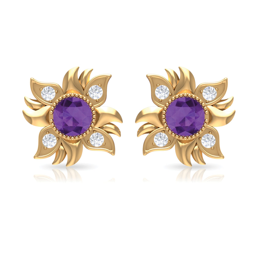 1/2 CT Round Shape Amethyst and Diamond Sunburst Stud Earrings
