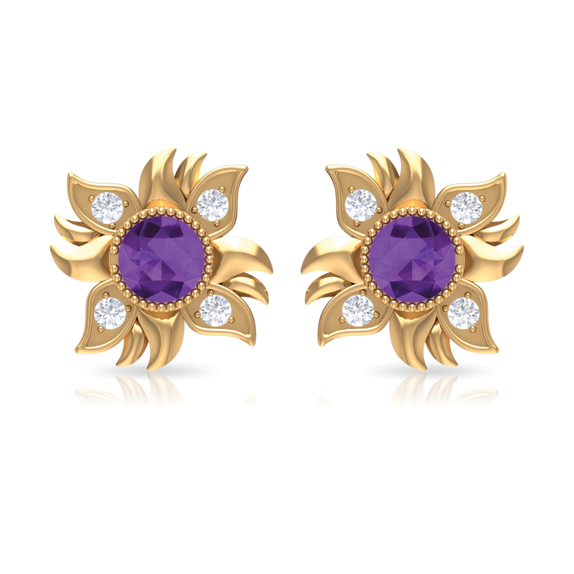 1/2 CT Round Shape Amethyst and Diamond Sunburst Stud Earrings