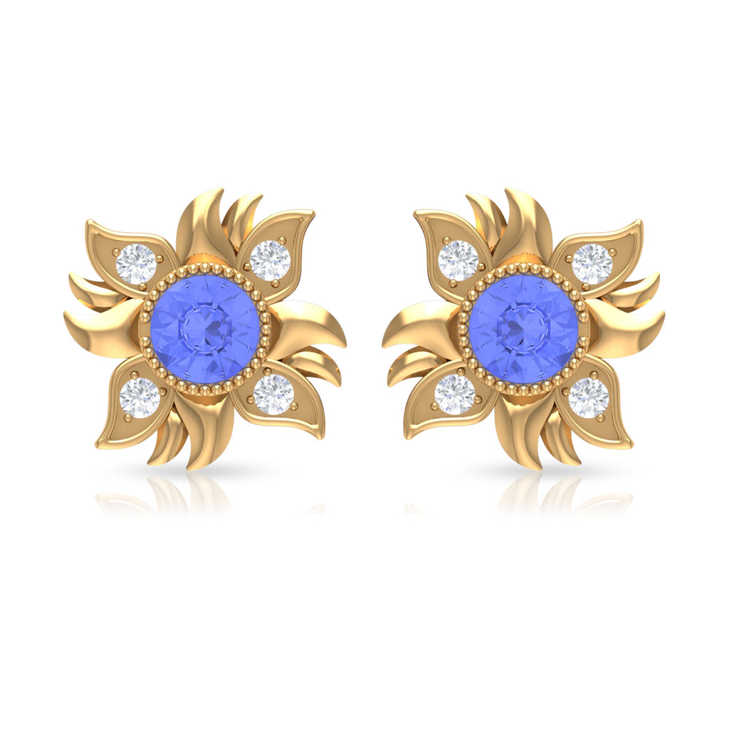 Round Shape Tanzanite and Diamond Sunburst Stud Earrings
