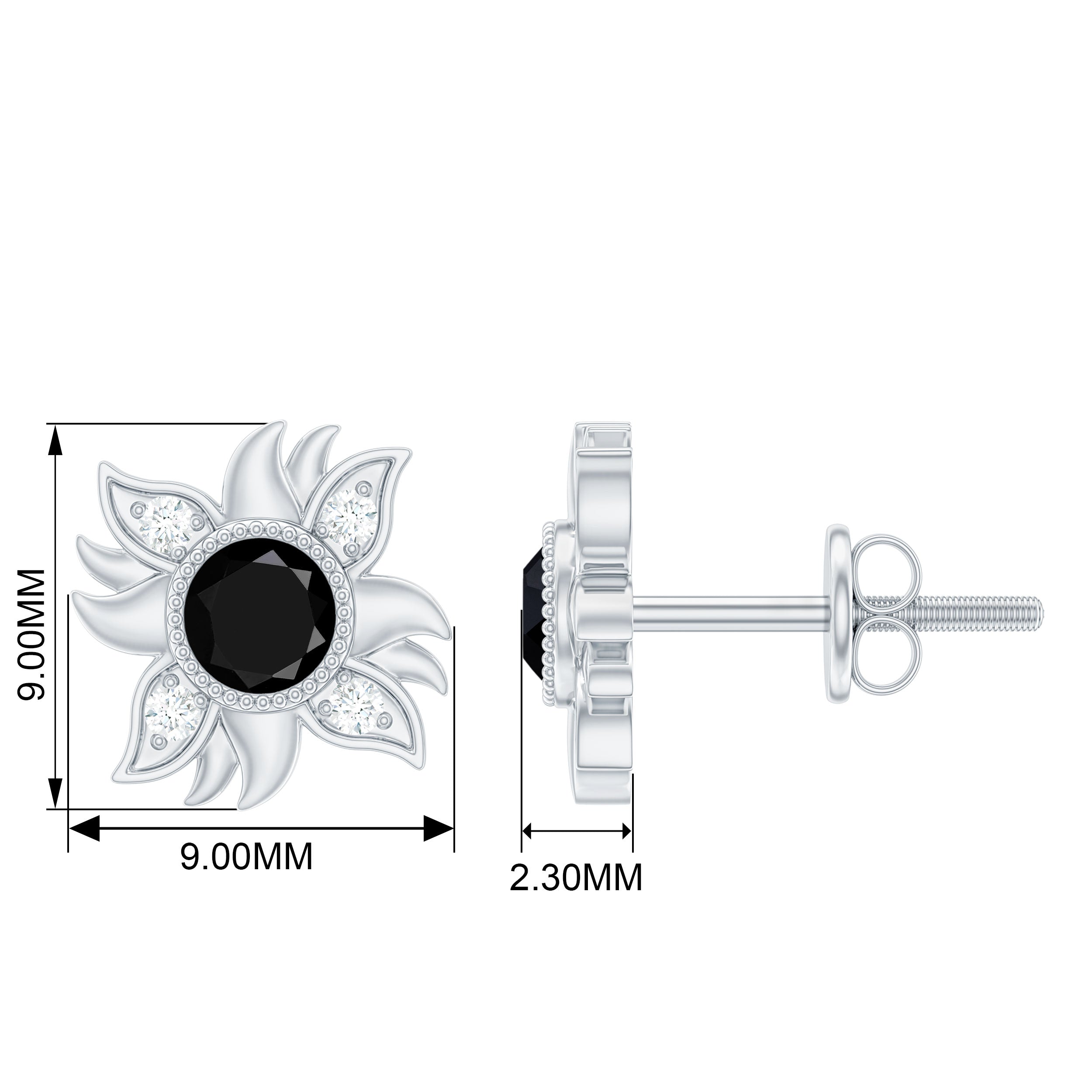 1/2 CT Round Shape Black Onyx and Diamond Sunburst Stud Earrings