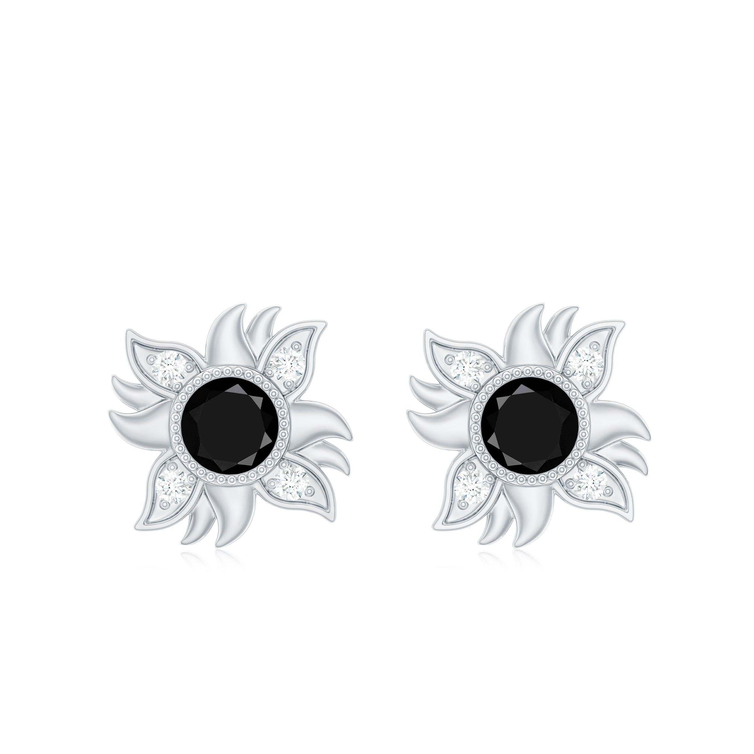 1/2 CT Round Shape Black Onyx and Diamond Sunburst Stud Earrings