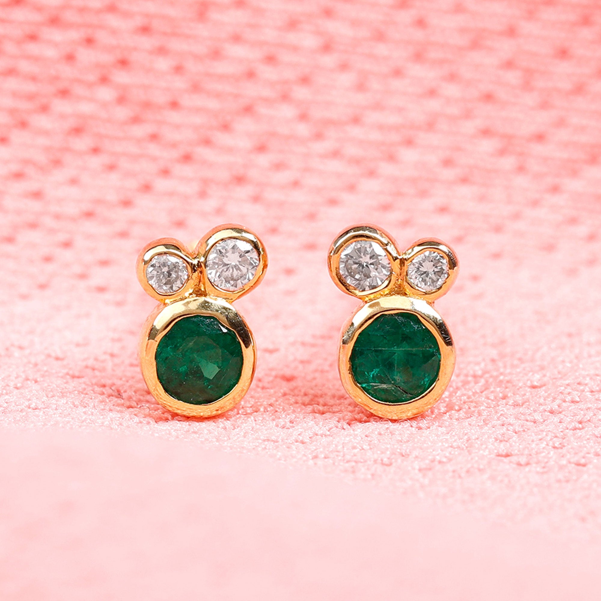Real Emerald and Diamond Three Stone Stud Earrings