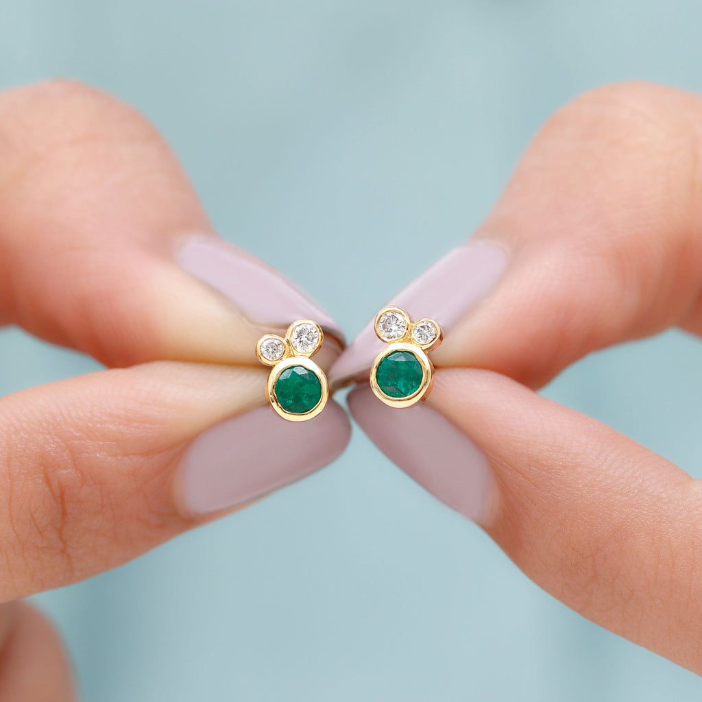 Real Emerald and Diamond Three Stone Stud Earrings