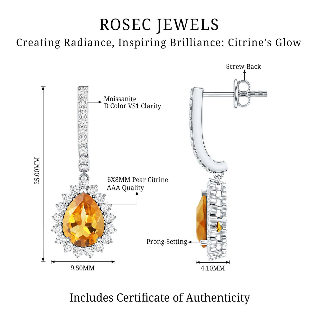Genuine 6X8mm Pear Shape Citrine Drop Earrings with Moissanite