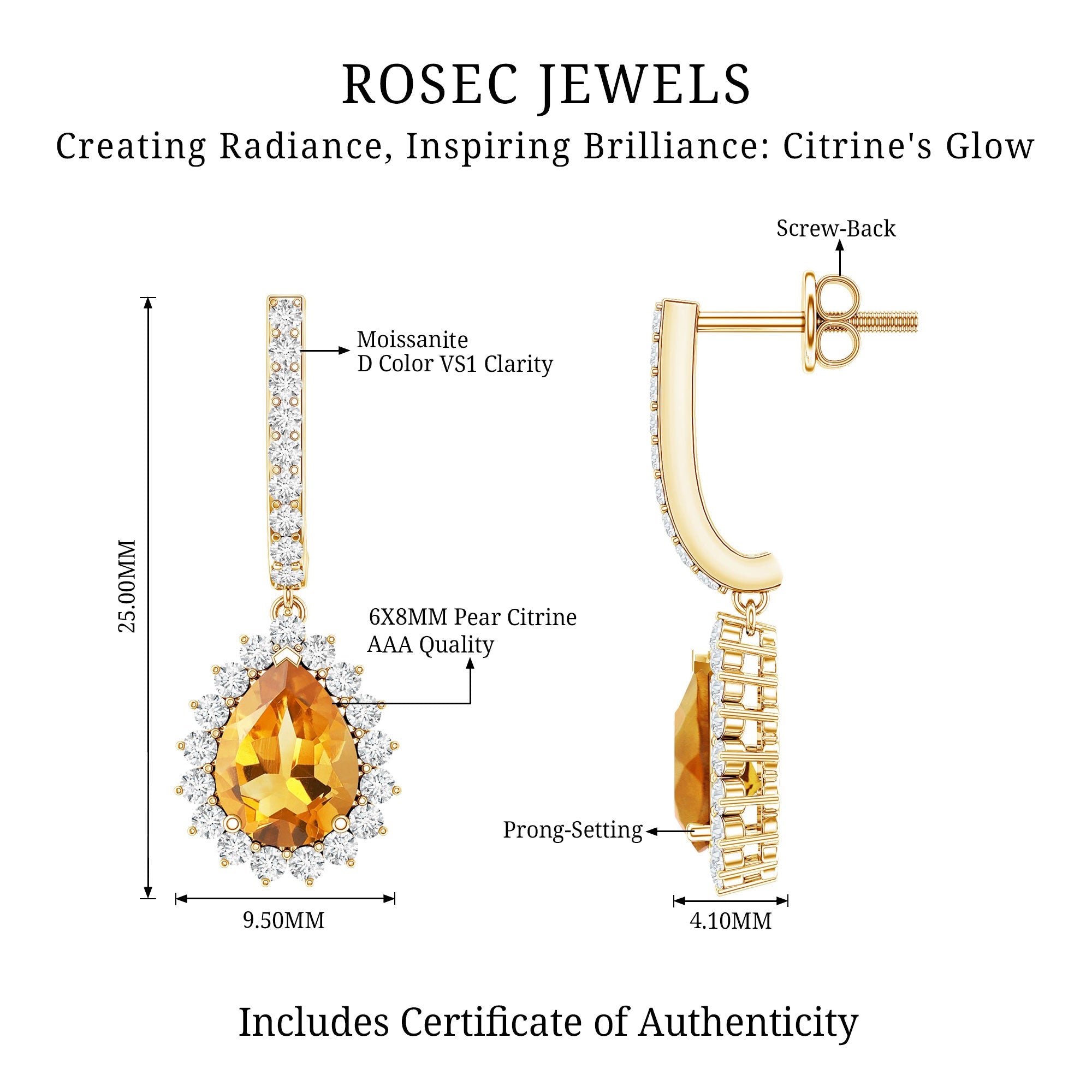 Genuine 6X8mm Pear Shape Citrine Drop Earrings with Moissanite