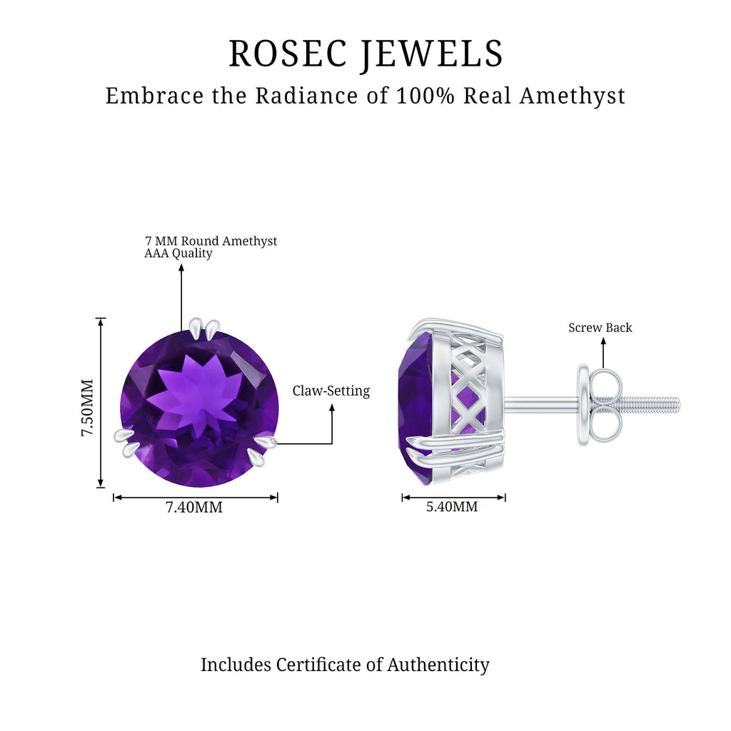 Natural 7mm Solitaire Amethyst Stud Earrings with Certificate