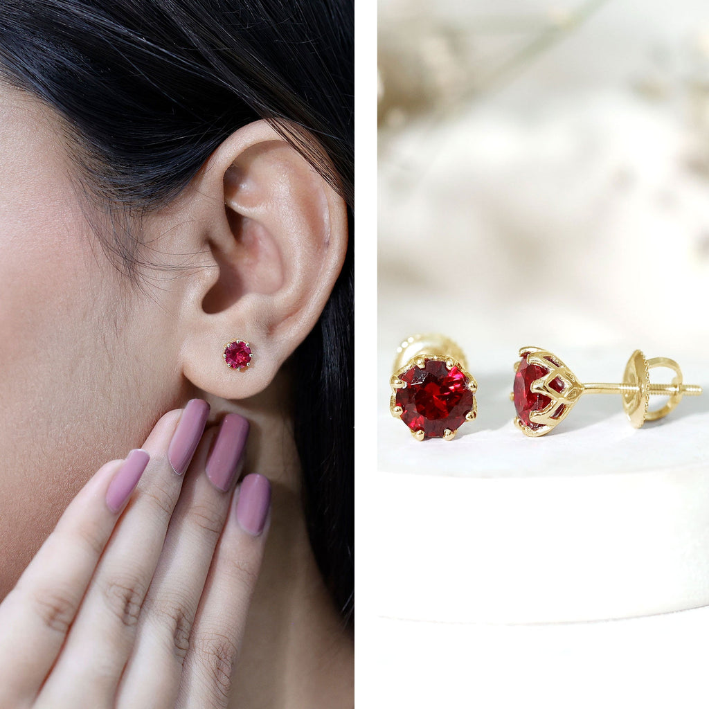 AAAA Quality 2.74 Carat Lab Grown Ruby Stud Earrings in Gold Plated Silver
