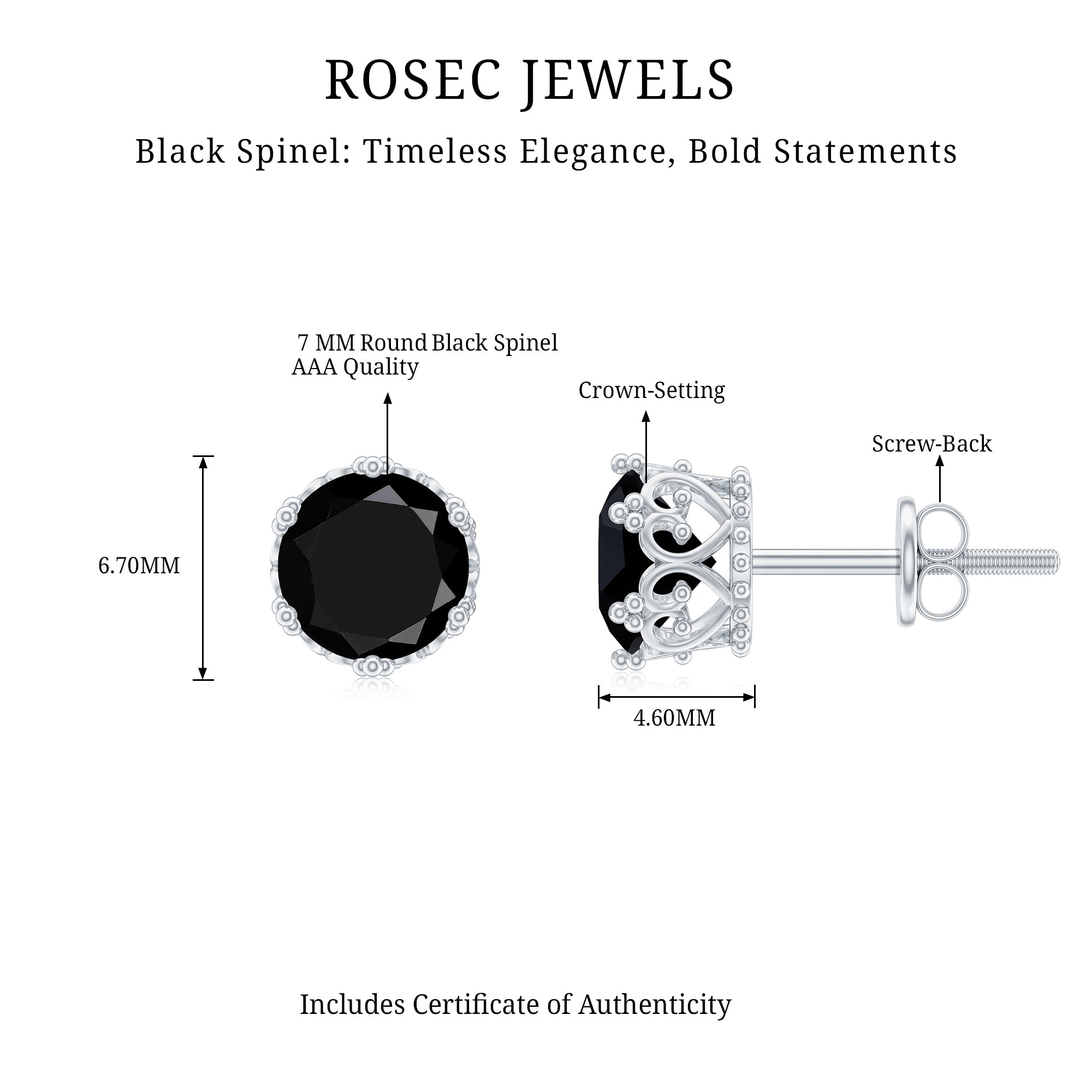 3 Carat Genuine Black Spinel Crown Stud Earrings