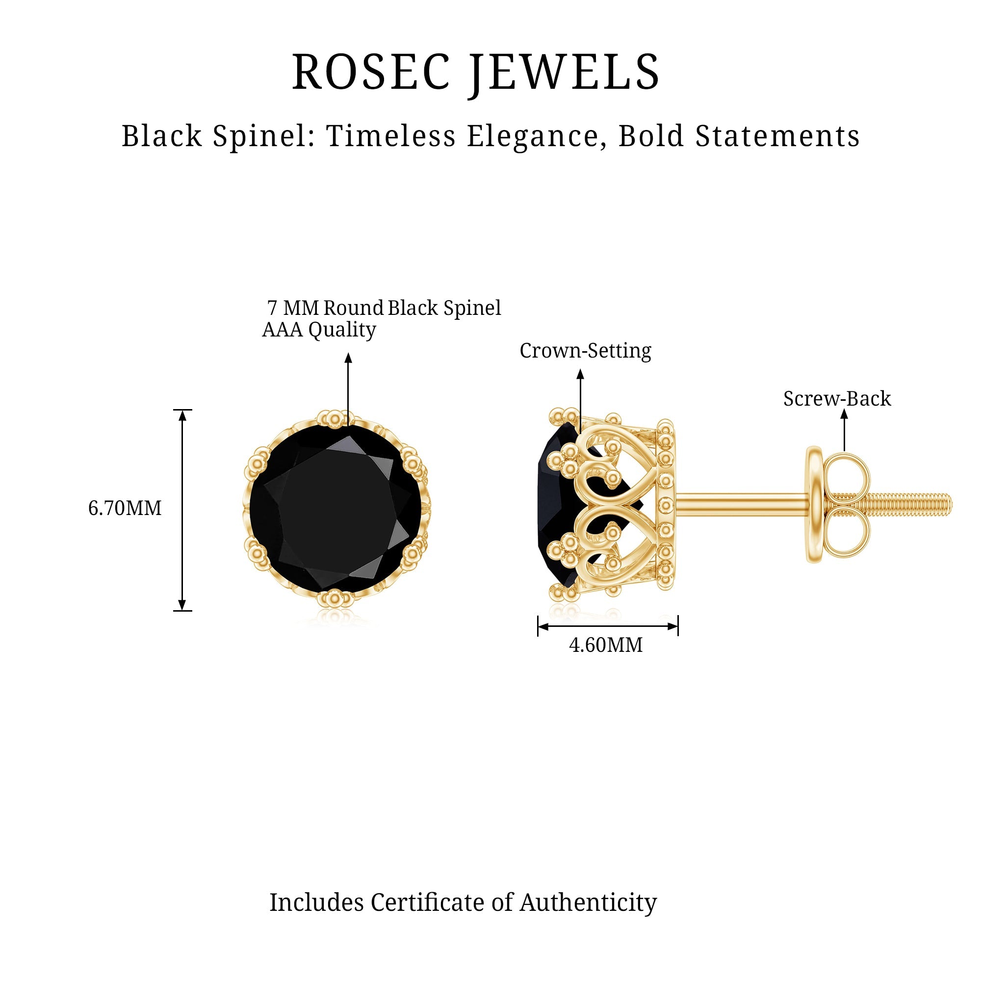 3 Carat Genuine Black Spinel Crown Stud Earrings