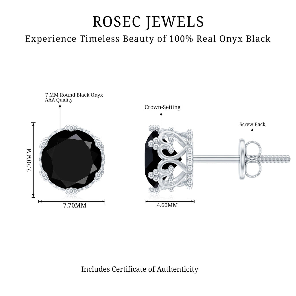 Genuine Black Onyx Crown Stud Earrings with Screw Back