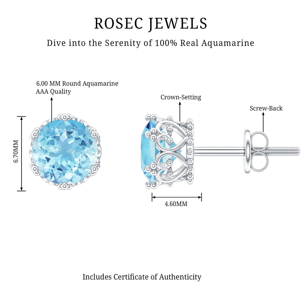 1.6 Carat Genuine Aquamarine Crown Stud Earrings
