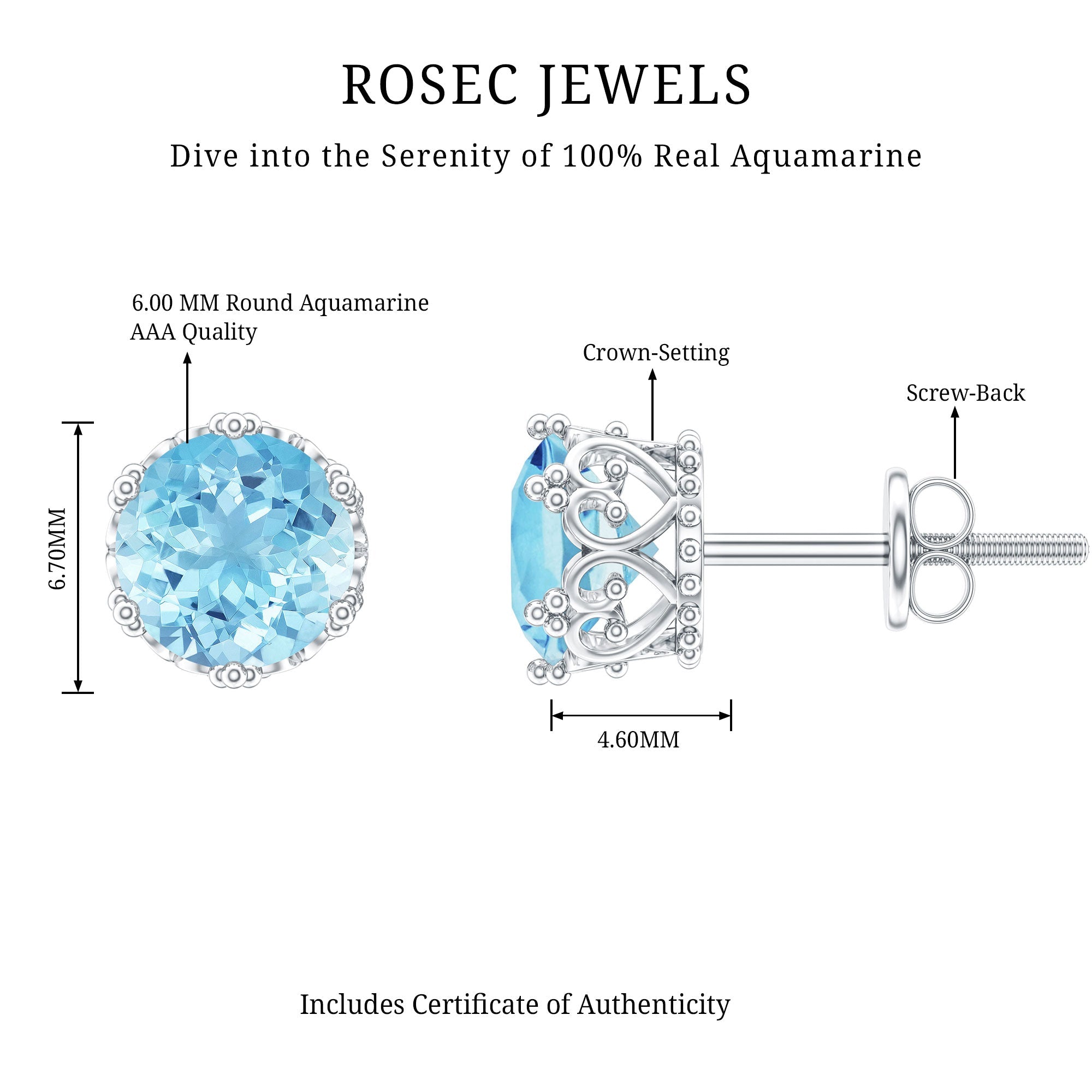 1.6 Carat Genuine Aquamarine Crown Stud Earrings