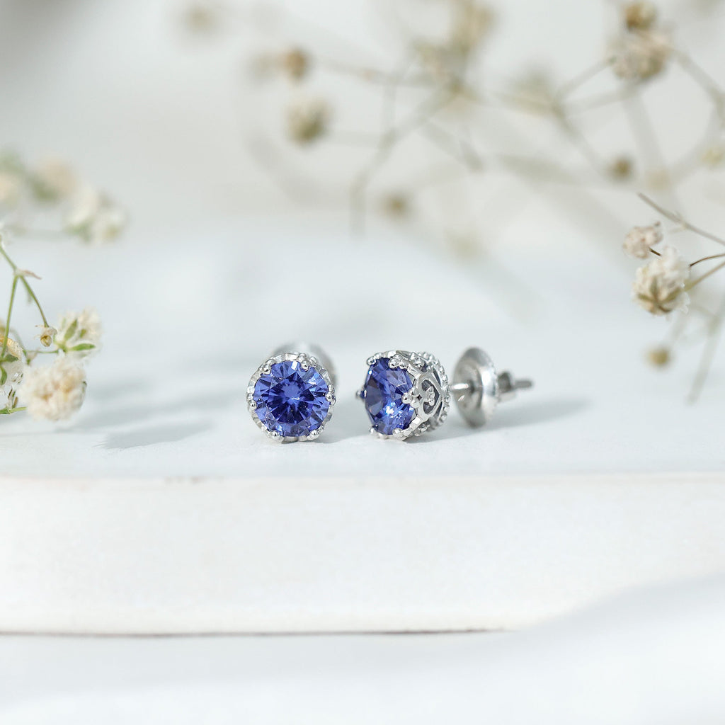 2 CT Created Blue Sapphire Solitaire Crown Stud Earrings