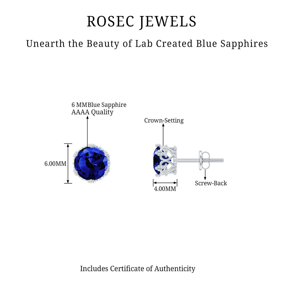 2 CT Created Blue Sapphire Solitaire Crown Stud Earrings
