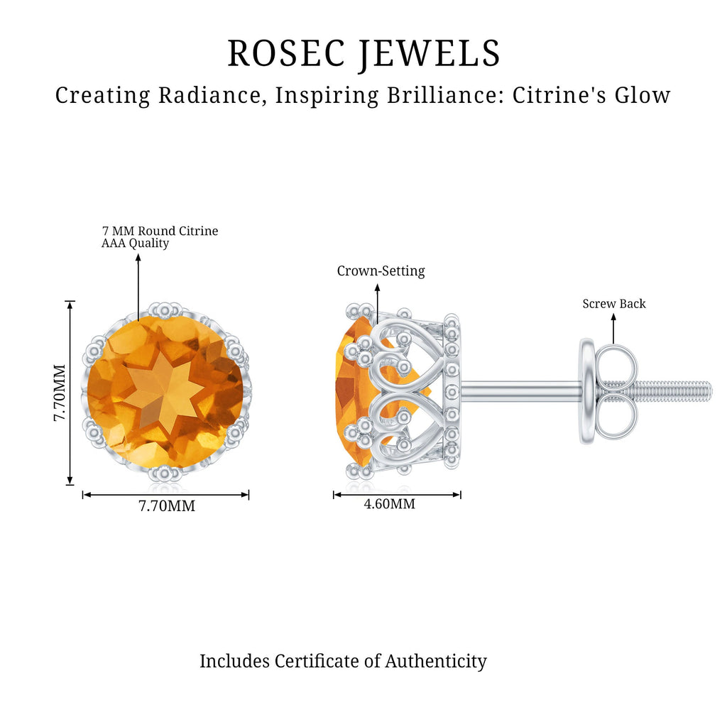Certified Real 7mm Citrine Crown Earrings with Screw Back