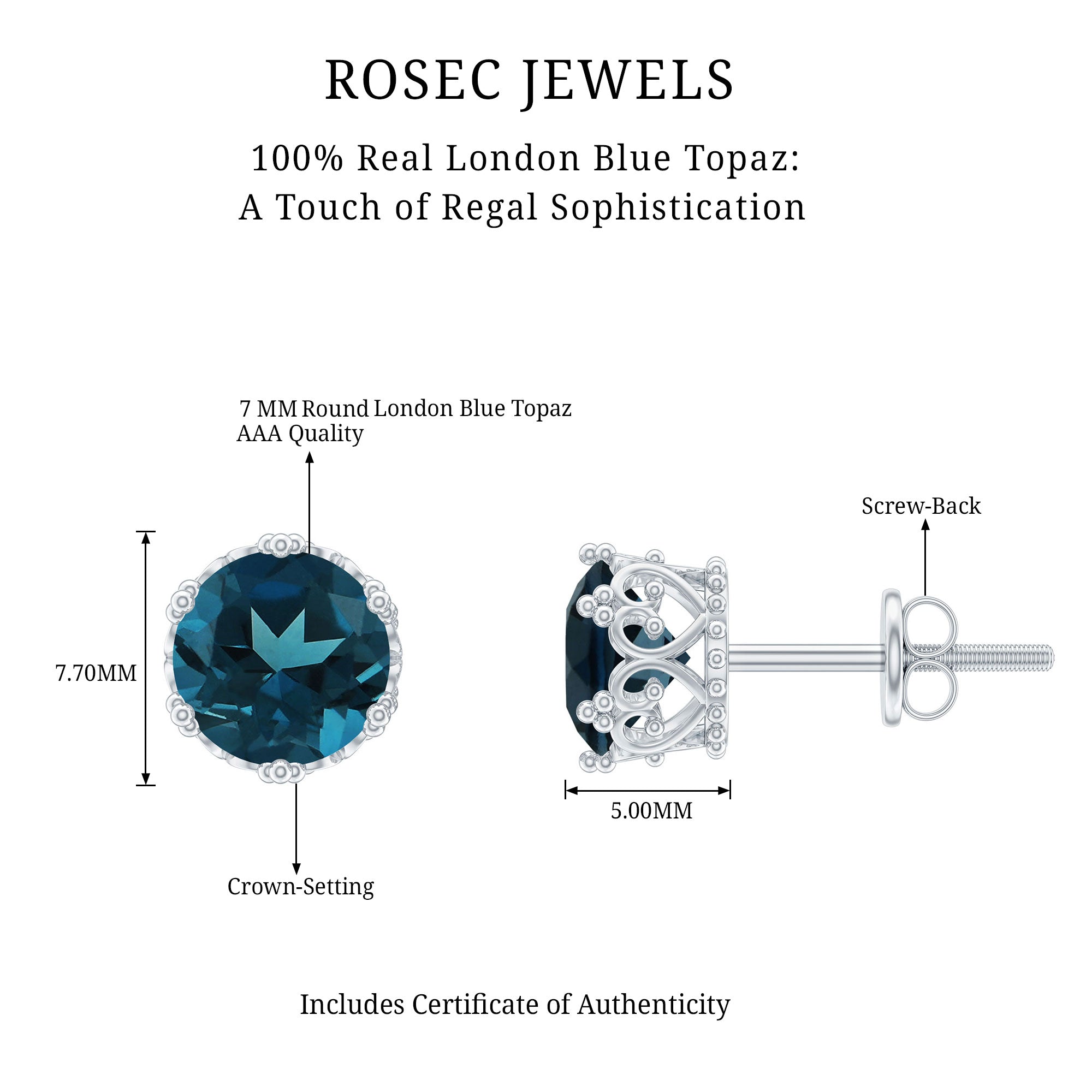2.7 Carat Round Cut London Blue Topaz Crown Stud Earrings