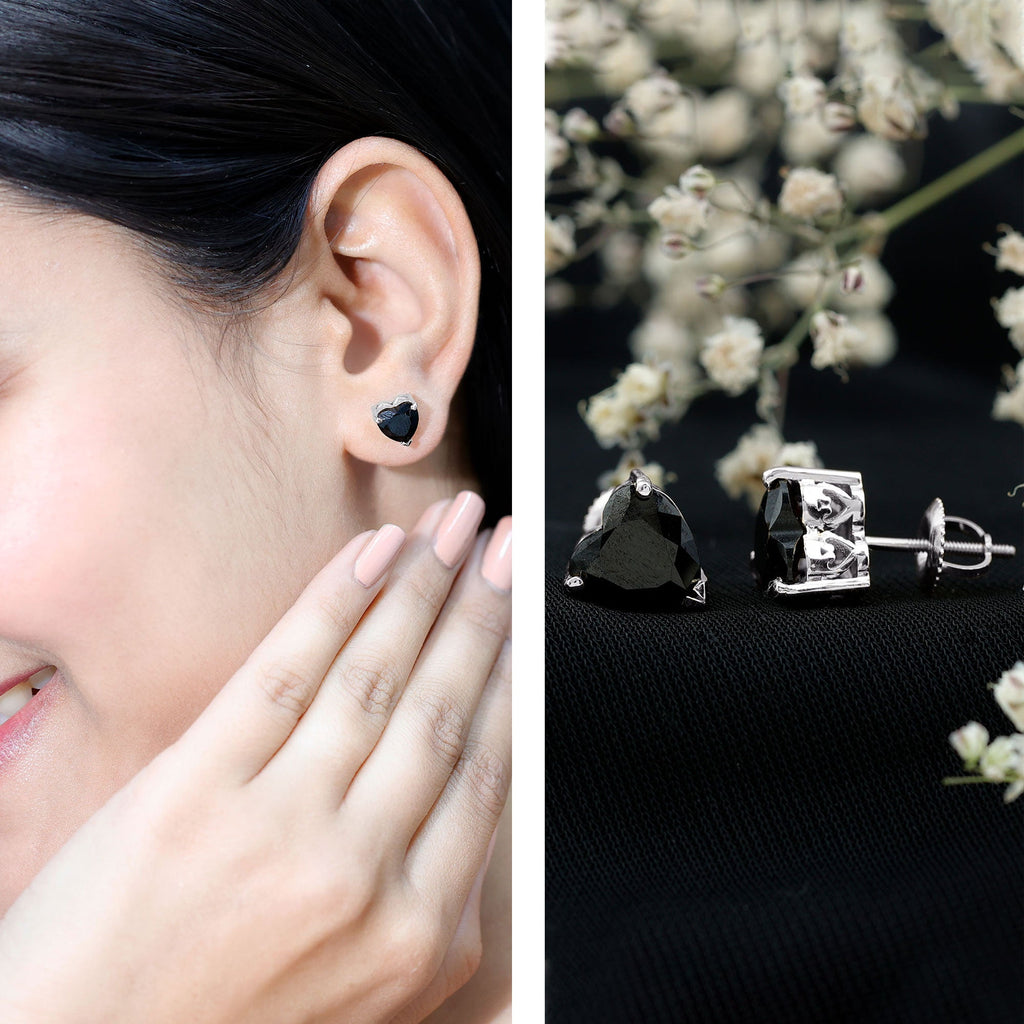 4.2 Carat Heart Shape Black Onyx Solitaire Stud Earrings in 3 Prong Setting