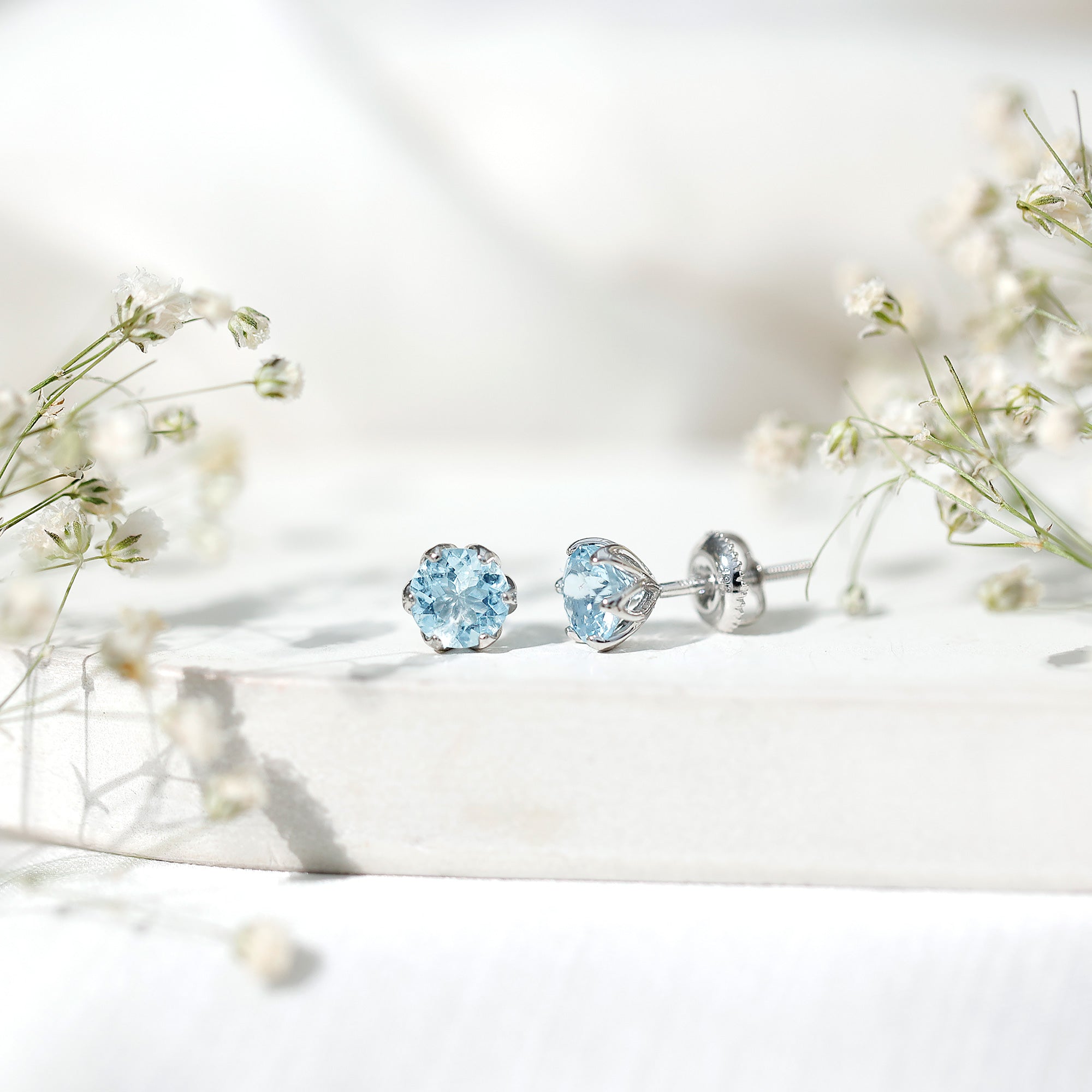Lotus Basket Set Aquamarine Stud Earrings for Her
