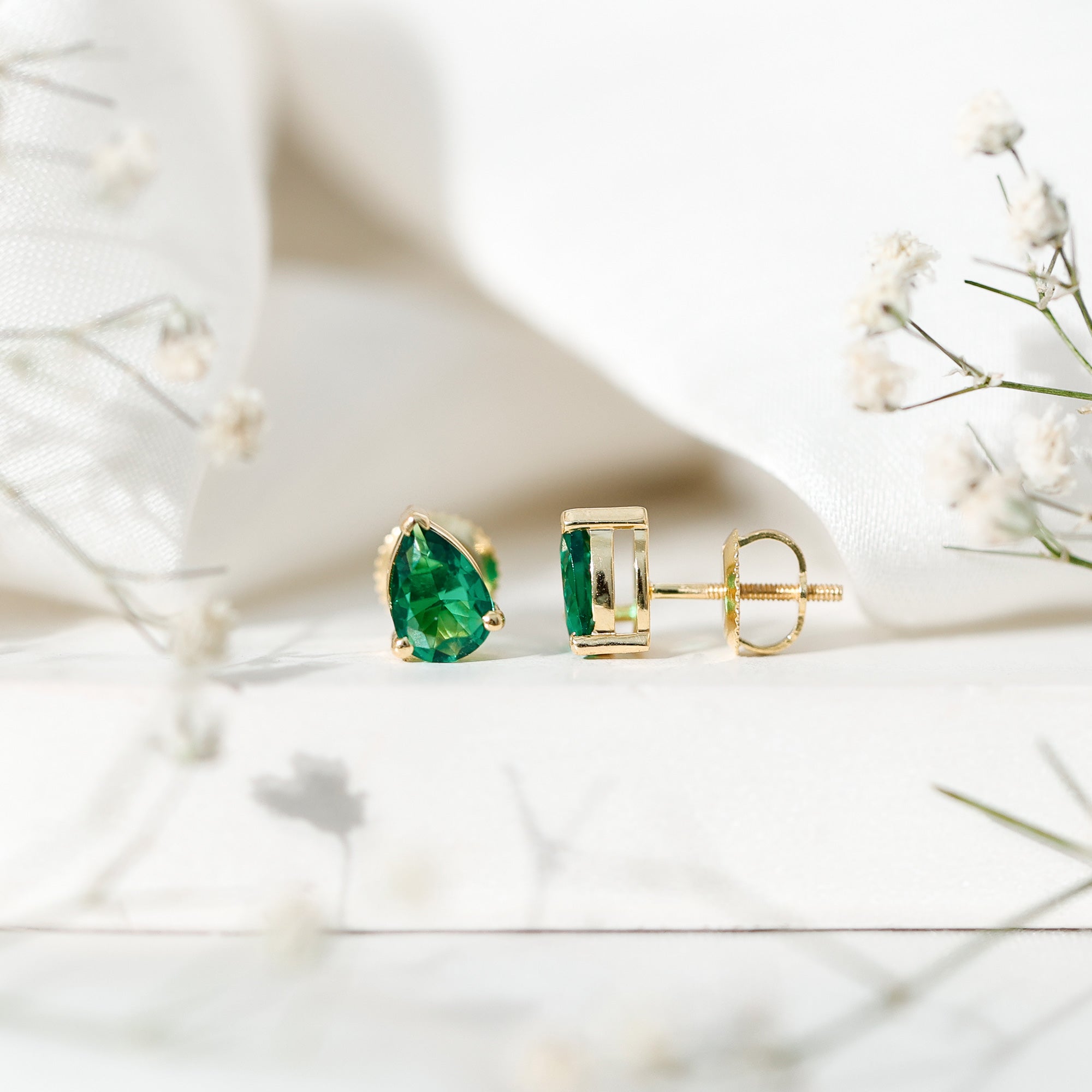 Pear Cut 1.4 Carat Lab Grown Emerald Teardrop Earrings in 3 Prong Setting