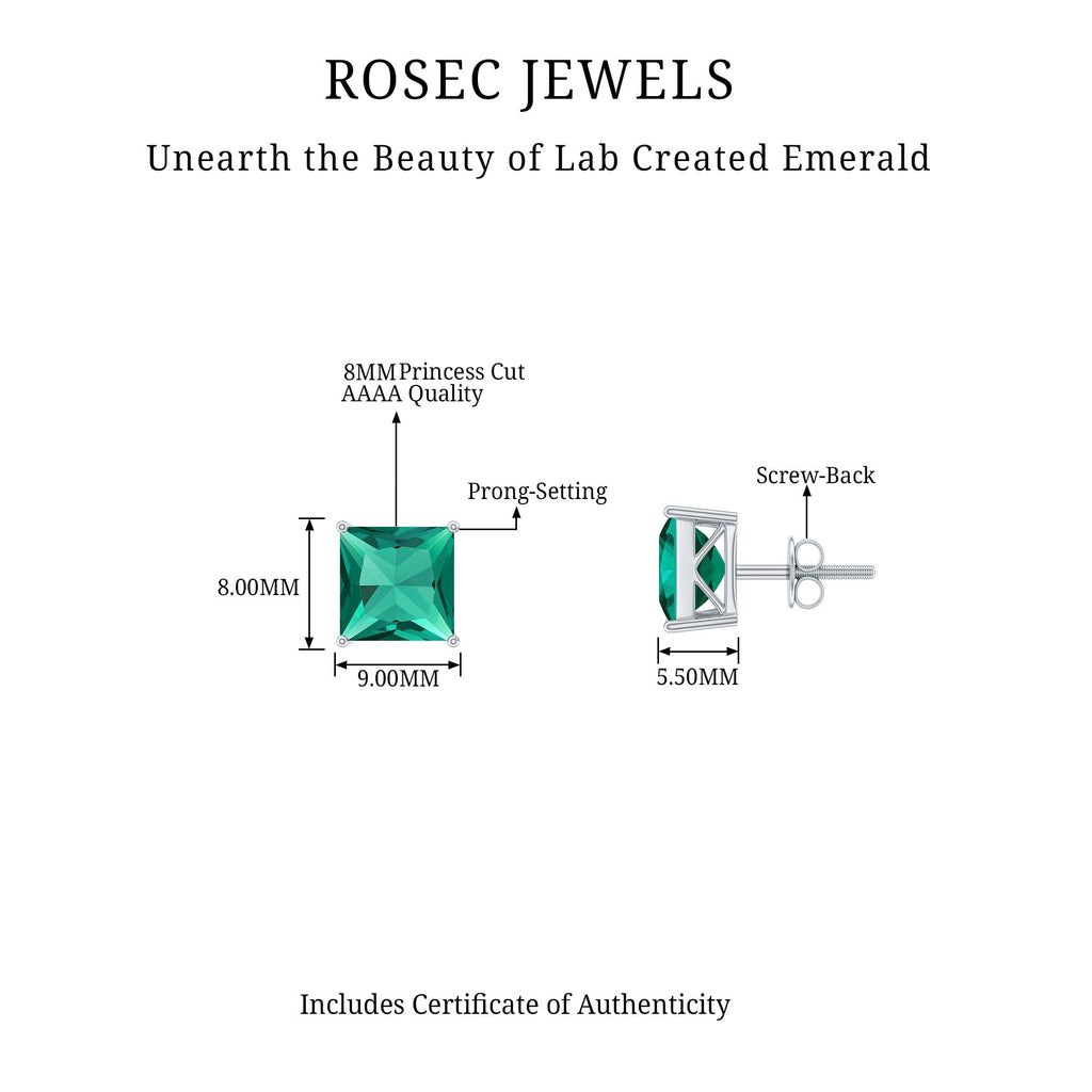 4 Carat Princess Cut Lab Grown Emerald Solitaire Stud Earrings