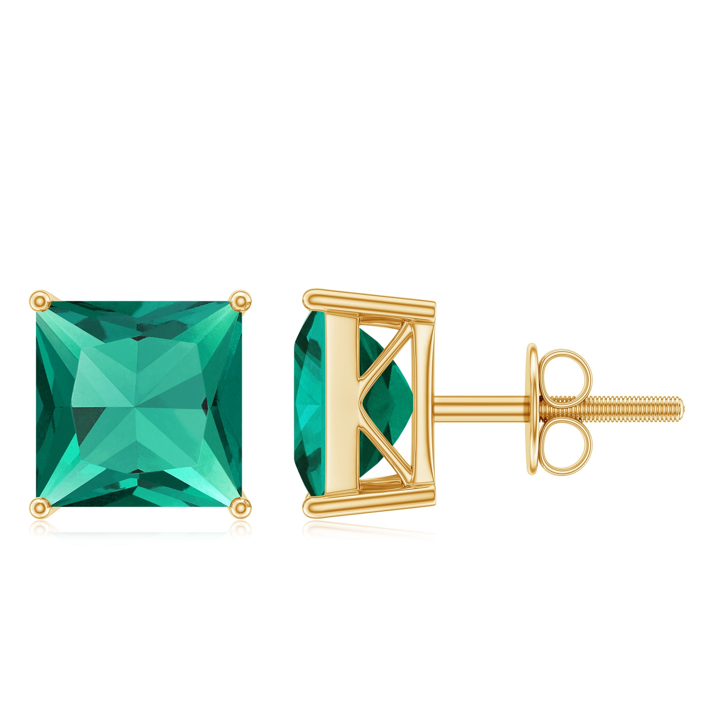 4 Carat Princess Cut Lab Grown Emerald Solitaire Stud Earrings