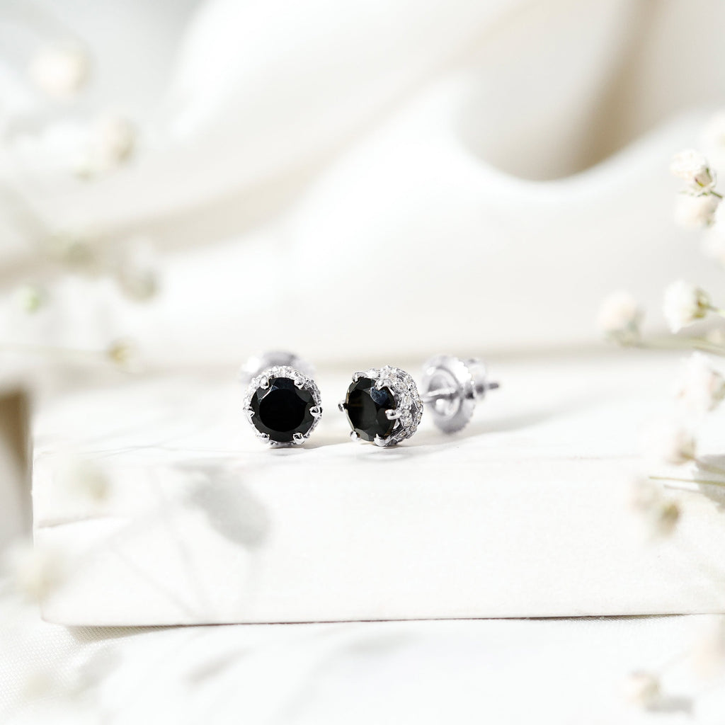 0.9 Carat Black Spinel Stud Earrings with Diamond Accent